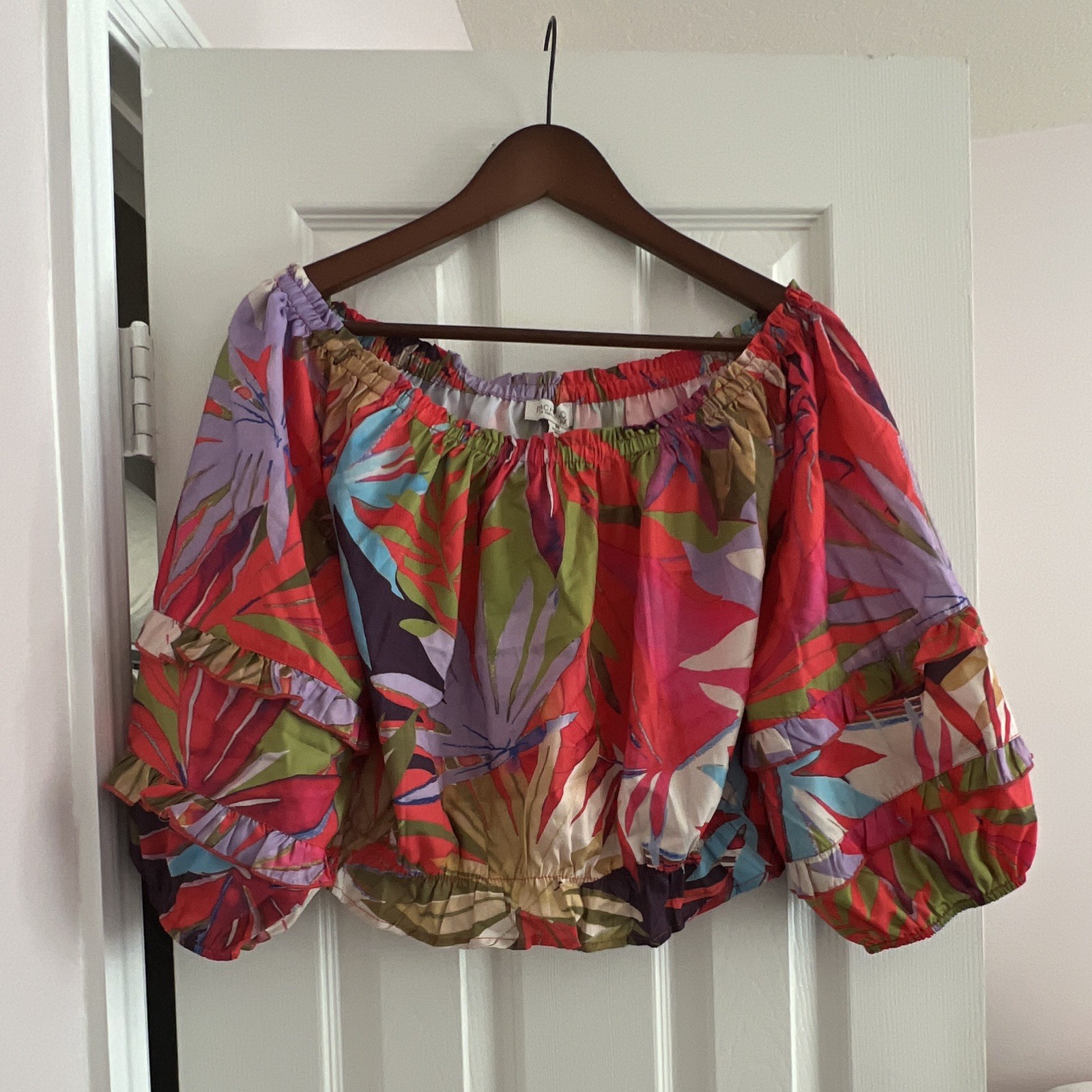 Rachel Zoe Multicolor Tropical Floral Off Shoulder Ruffle Cropped Blouse M