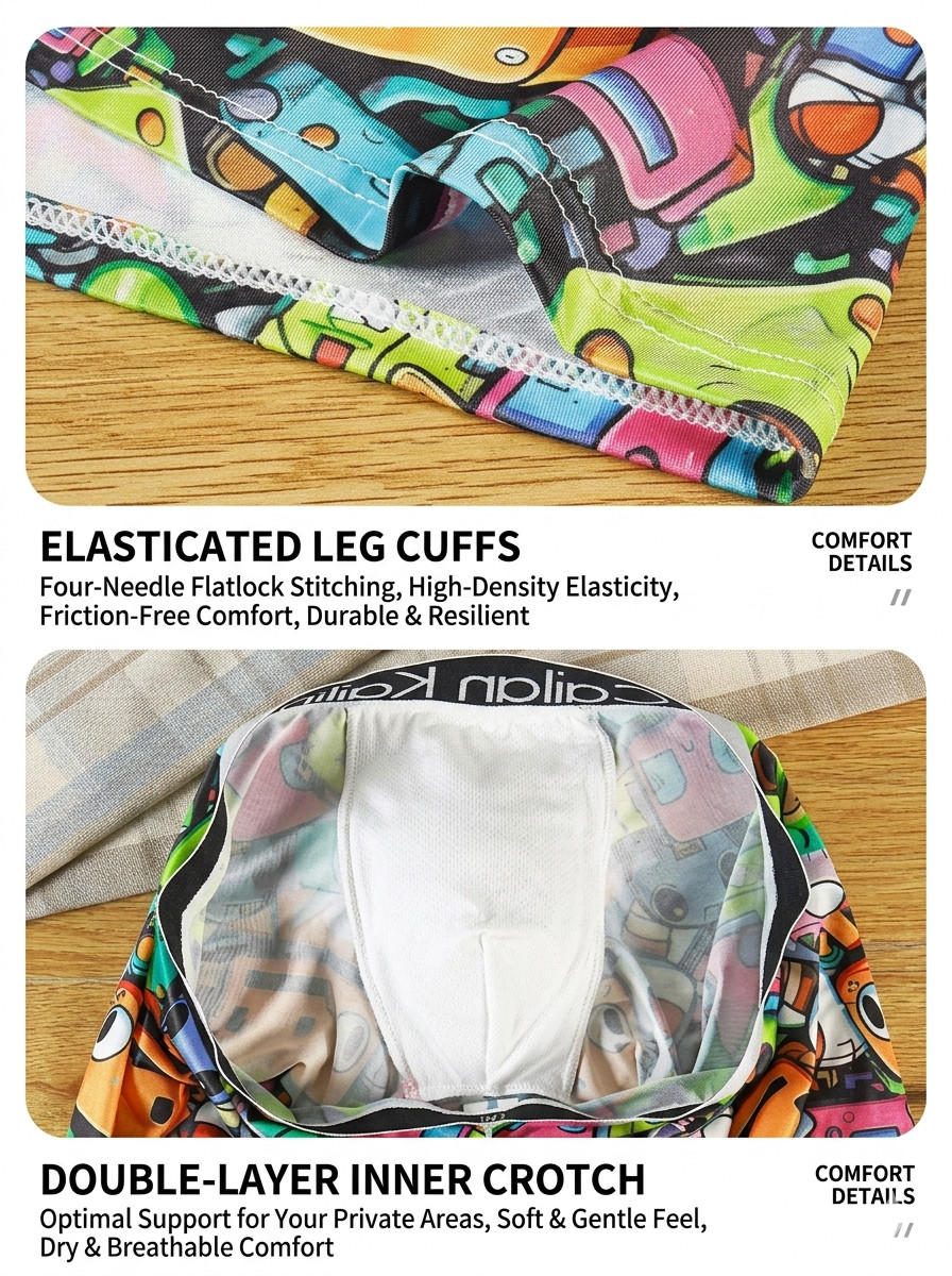 5-Pack Men’s Ice Silk Boxer Briefs Funny Novelty Printed Underwear Breathable