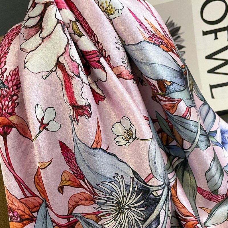 100% Mulberry Silk 27″ Square Scarf Women Neckerchief Bandana Black Pink Flower