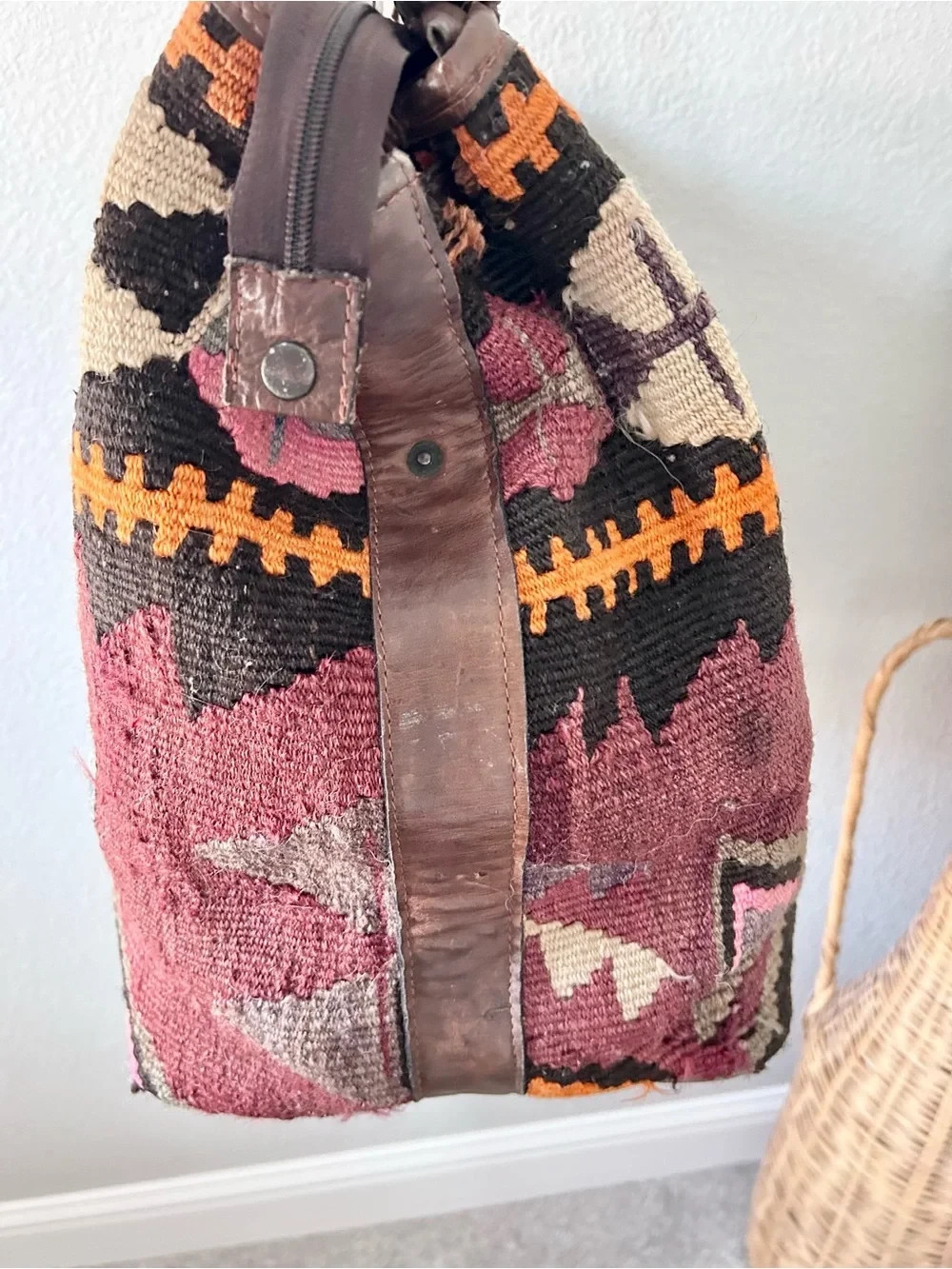 Turkish Anatolian Rug Bag with Leather Details Handmade Vintage Aztec Travel