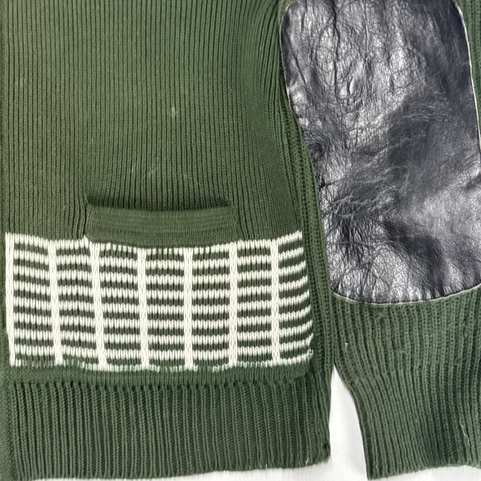 Vintage ZIP CARDIGAN Mens L Green Ribbed Knit Mock Neck Elbow Pads Classic
