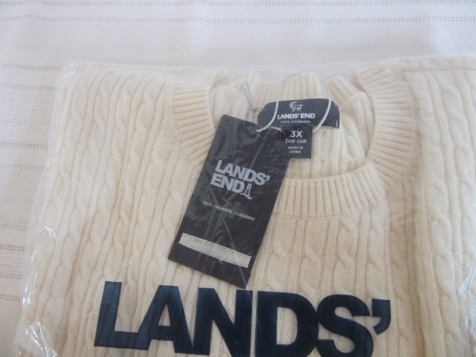 Lands’ End 100% Cashmere Long Sleeve Cable Ivory Pullover Style #520921 3X NEW!