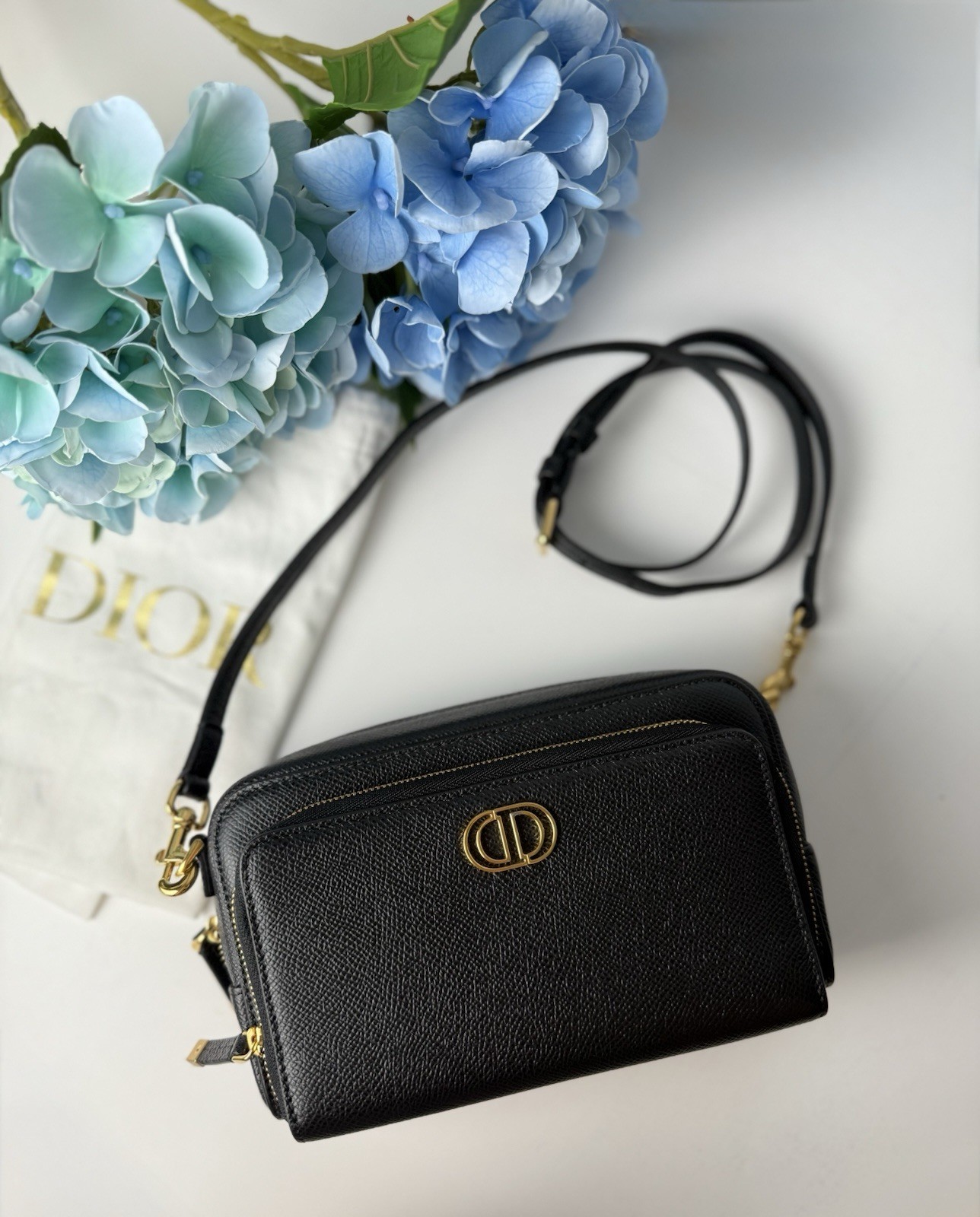 CHRISTIAN DIOR Grained Calfskin Caro Double Pouch Black