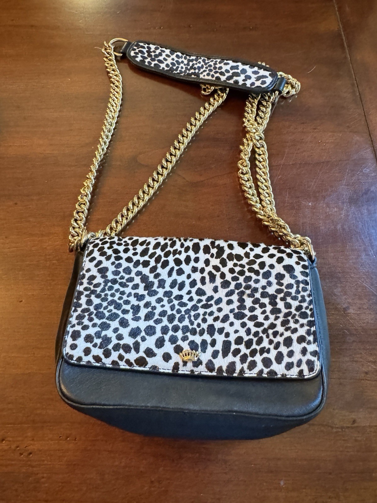 Juicy Couture Black Label Black & White Animal Print Flap Crossbody Gold Chain