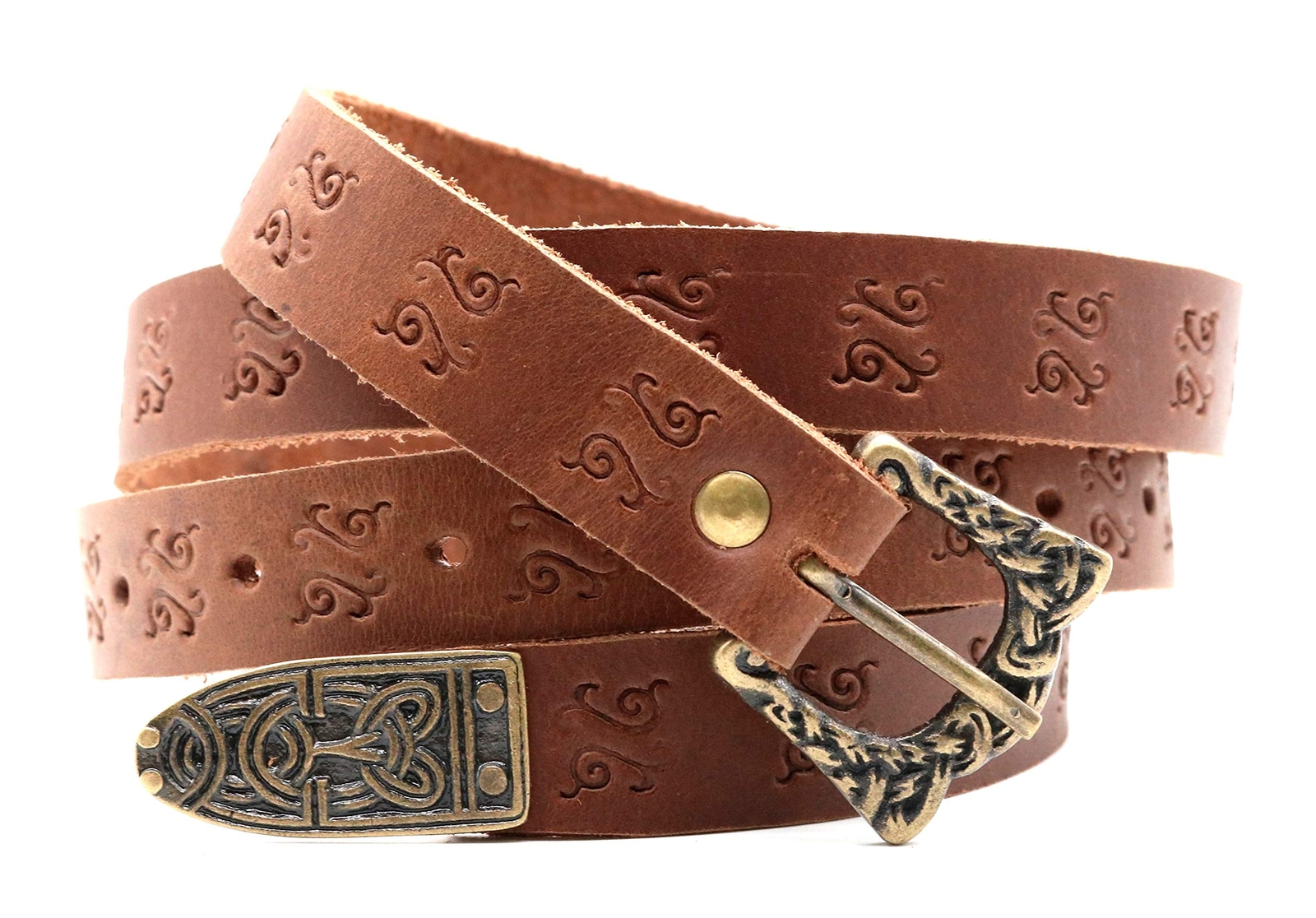 Medieval Leather Belt Embossed design with Brass Buckle Renaissance Viking Brown