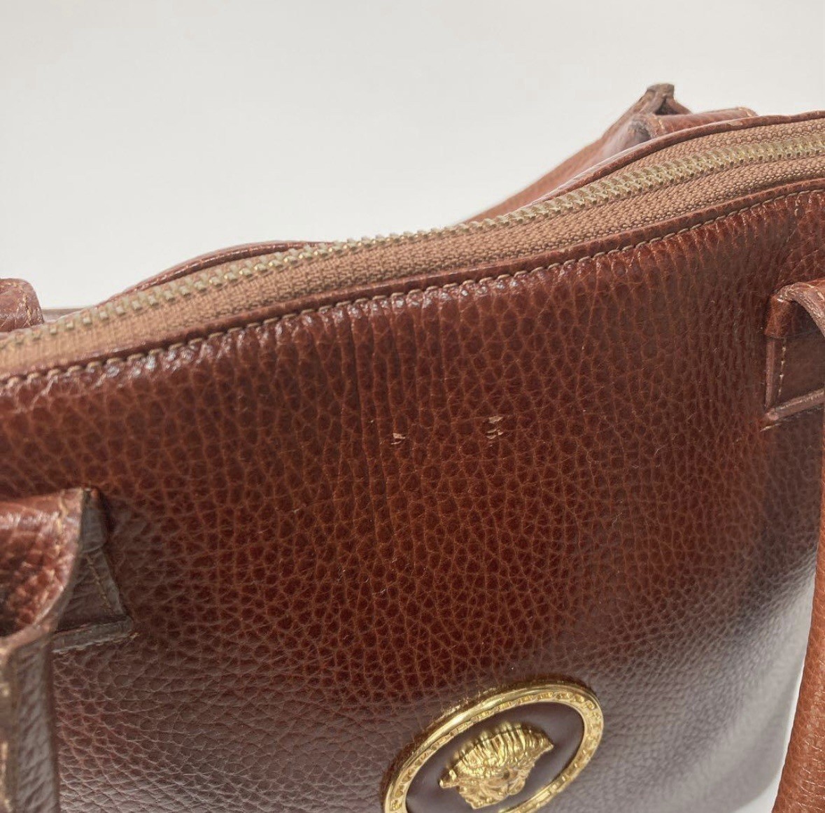 Versace Leather Tote Bag Brown Vintage Classic Medusa Elegant