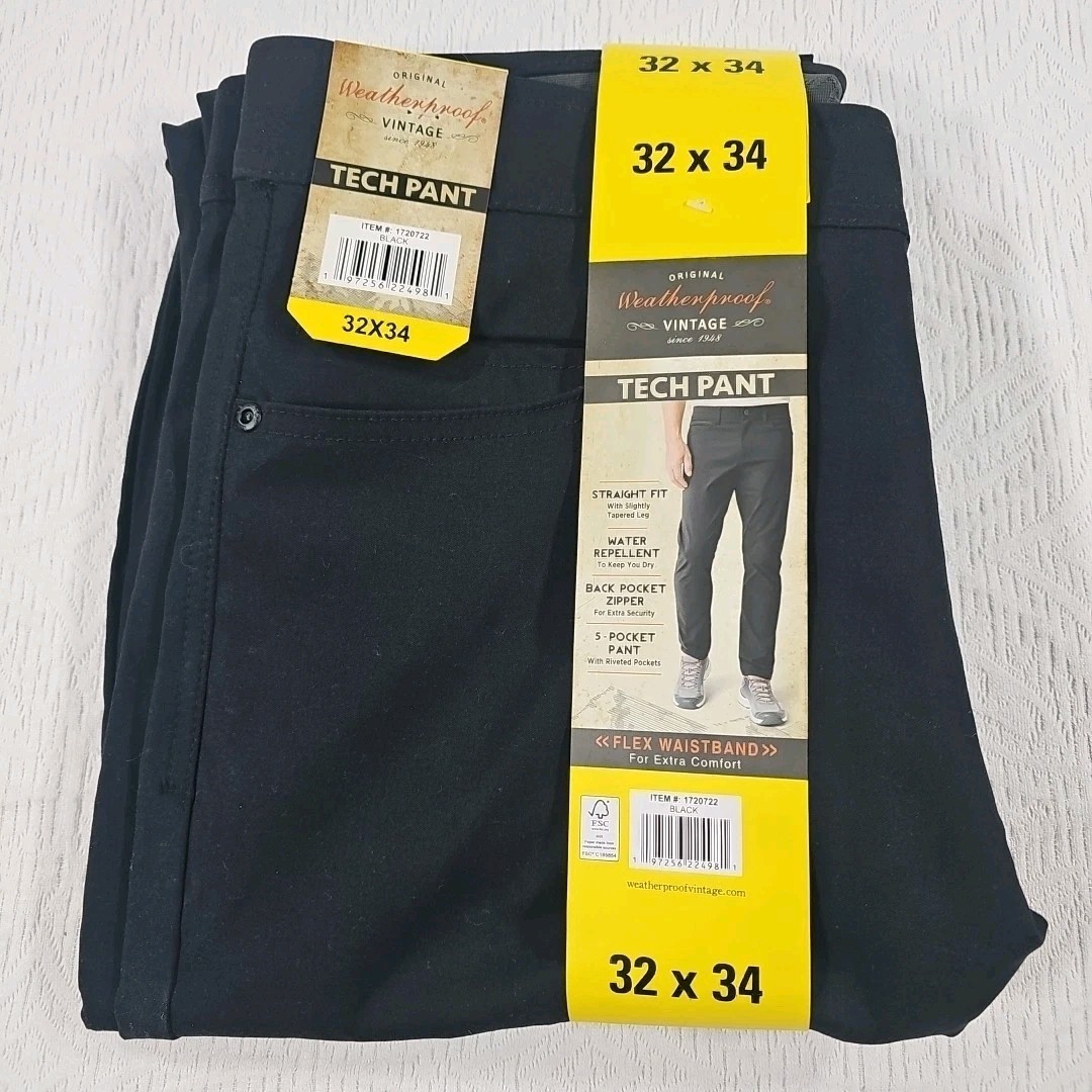 New Weatherproof Vintage Tech Pants Black Water Repellent Stretch 32×34 #1720722