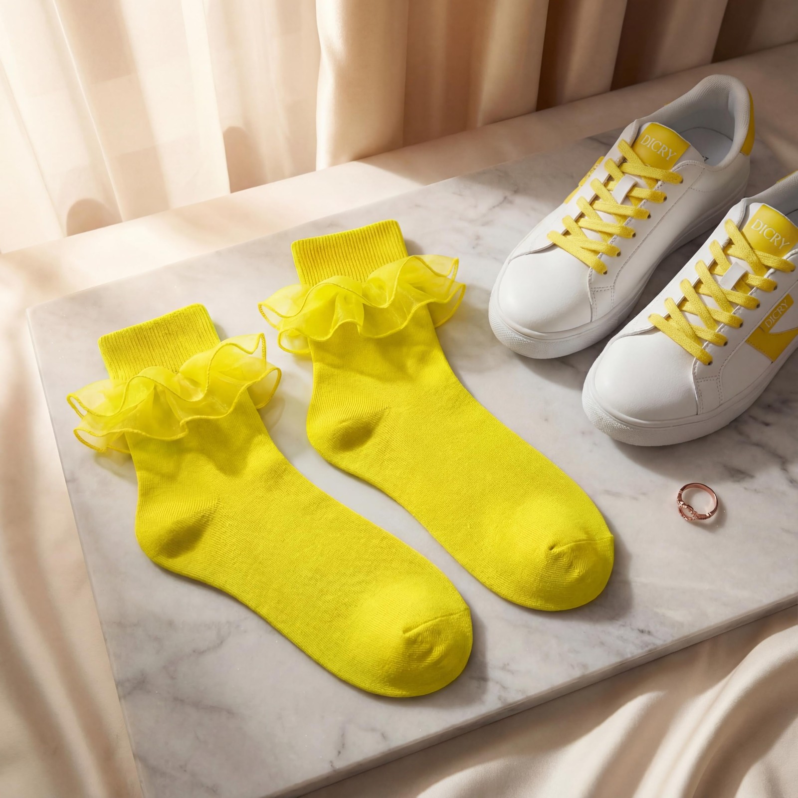 Socks for Women Big Ruffle Socks with Turn Cuff and Double Lace 9-11 Yellow