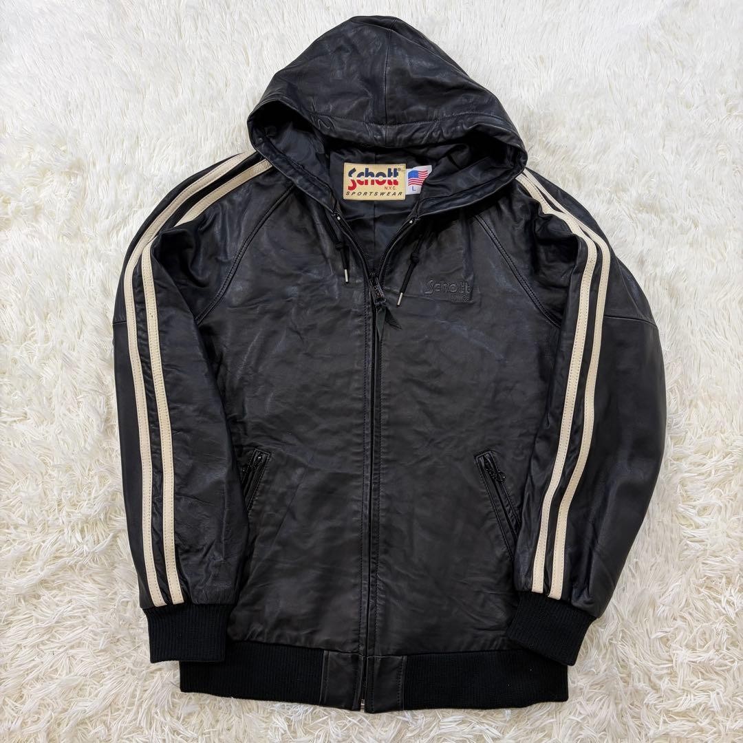 SCHOTT Lamb Leather Zip Hoodie Parka Black L Soft Texured Sports Jacket