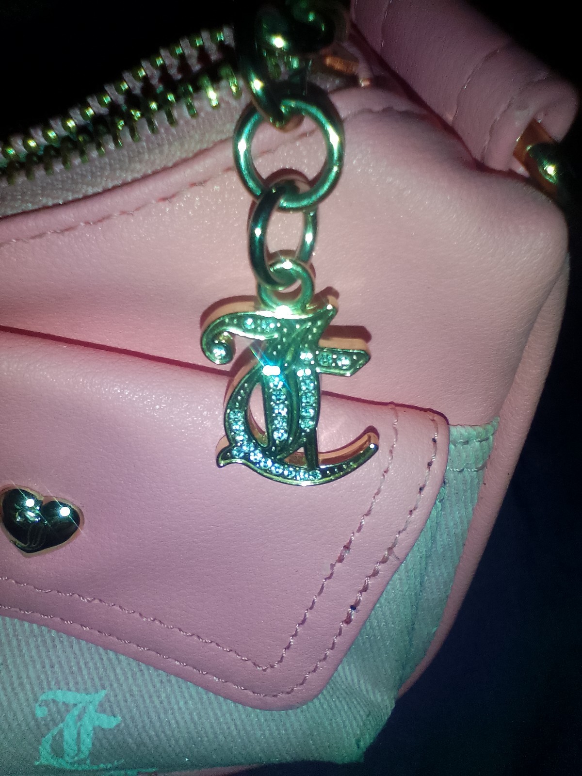 Juicy Couture Pink Small Satchel Top Handle Zip Logo Heart Charm Inner Pockets