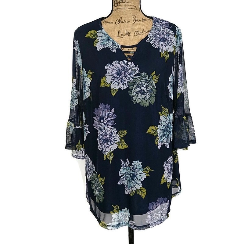 Catherines Tunic Top Women 0X Navy Blue Floral Mesh Bell Sleeve Lattice V-Neck