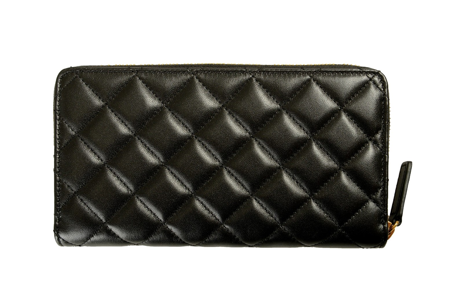 Versace Black Quilted Leather Gold Medusa Zip Around Wallet