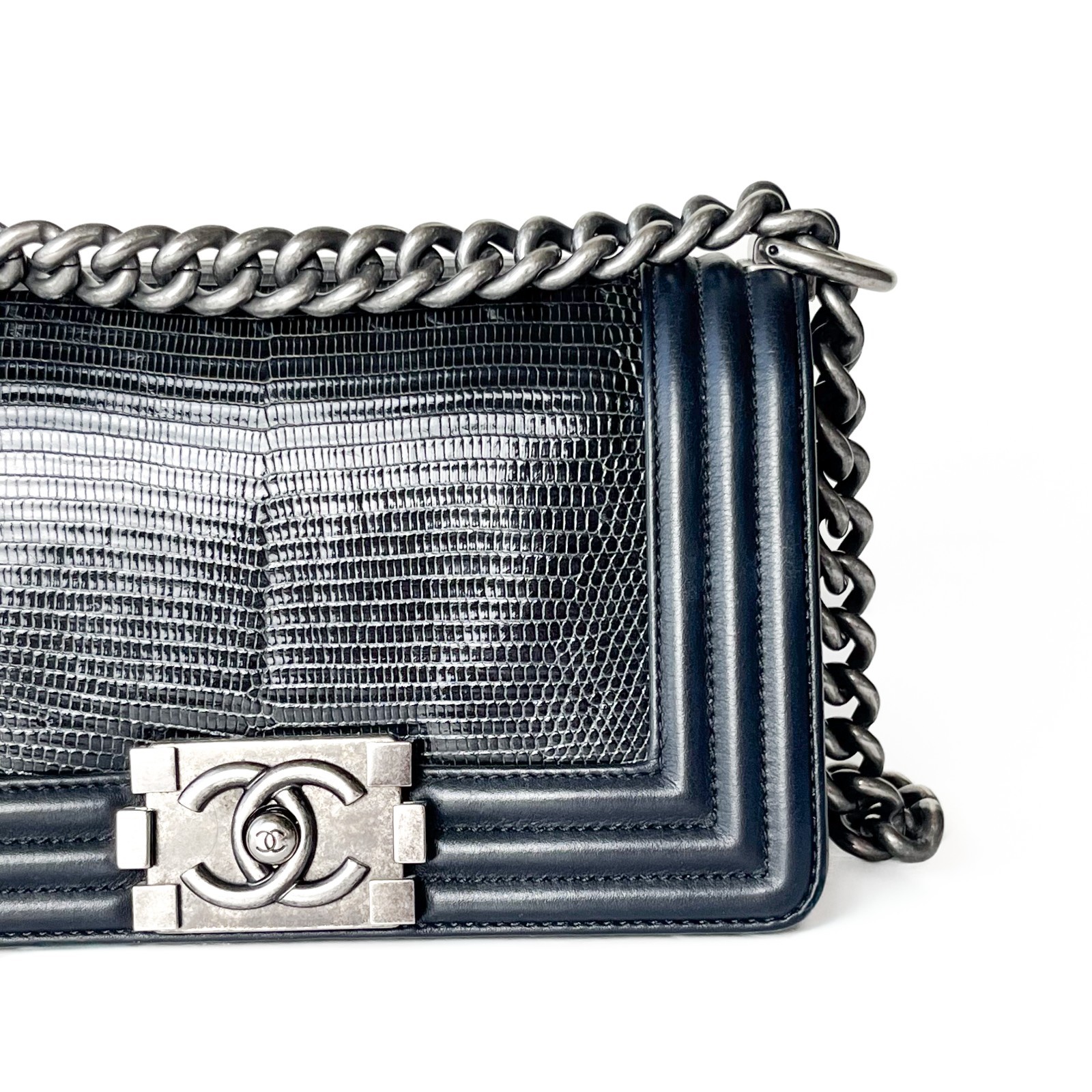 Chanel Black Leather & Lizard Inlay Boy Flap Bag
