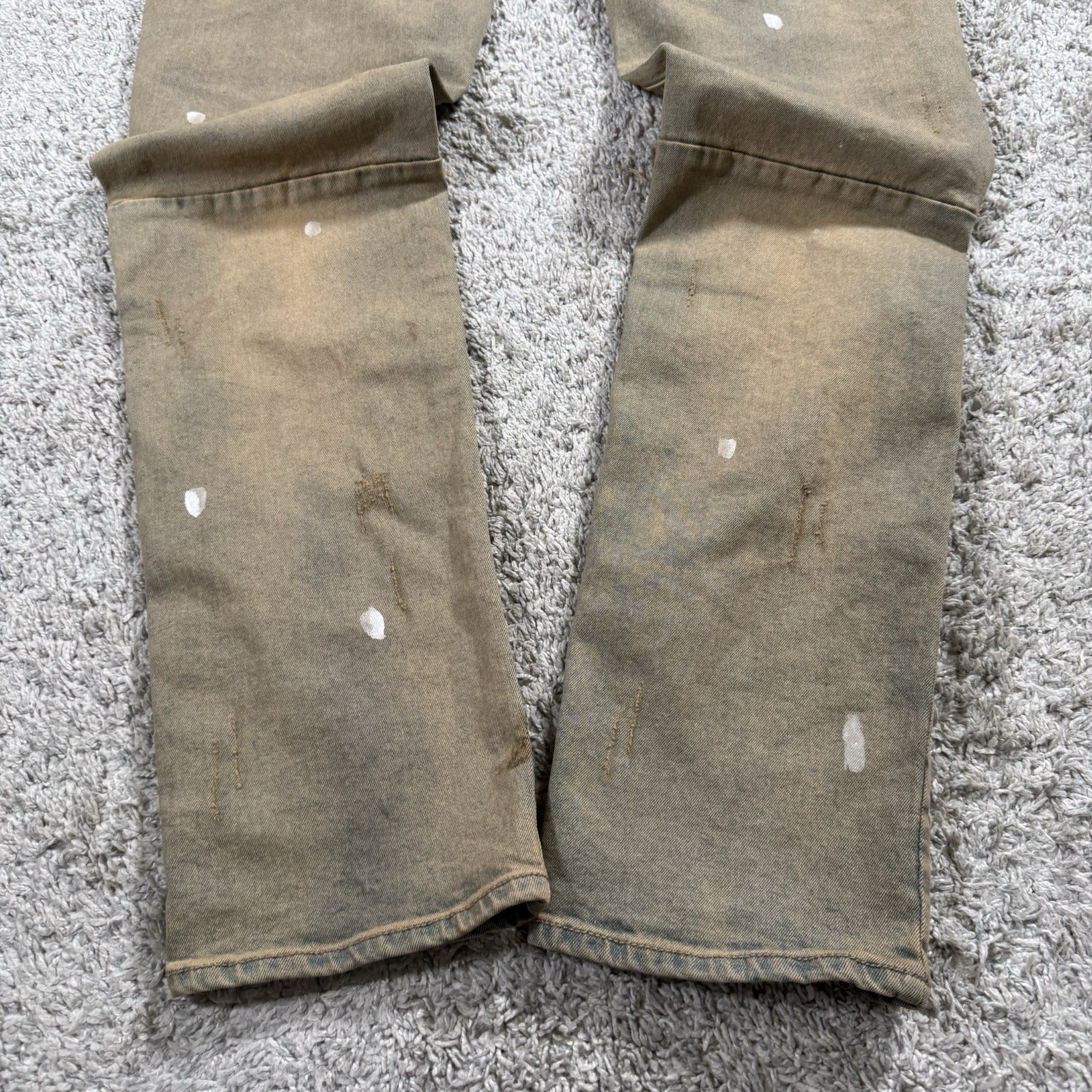 KDNK Jeans Mens Size 34×32 Blue Tan Paint Splatter Distressed Slim Denim Pants