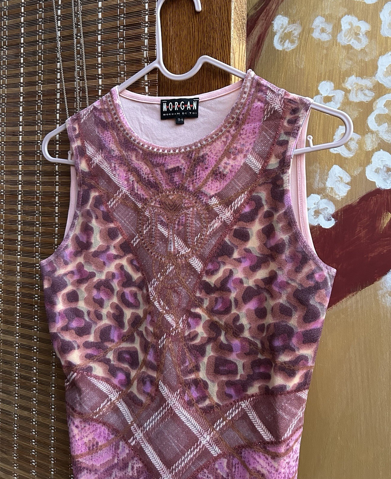 Vintage Y2K Morgan de Toi Pink Sheer Mesh Leopard Print Tank Top Sz 1