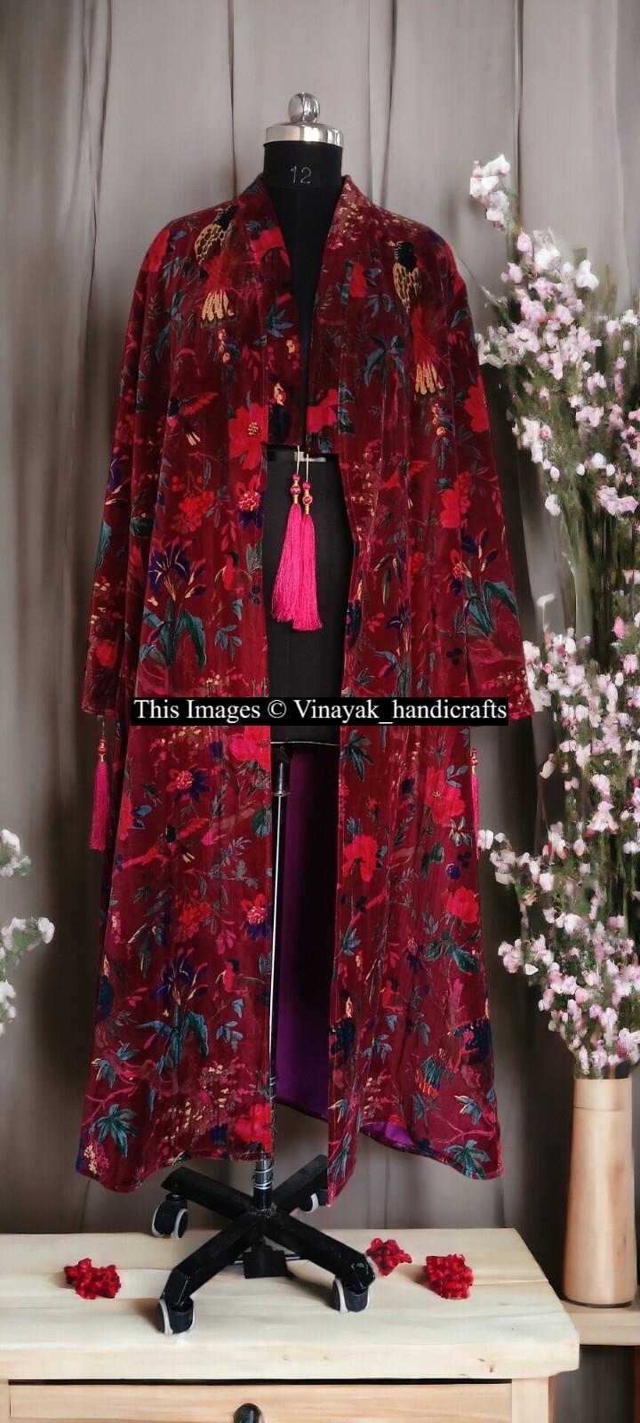 Luxury Red Bird Velvet Banyan Fabric Kimono Original OFMD Break Up Robe Jacket