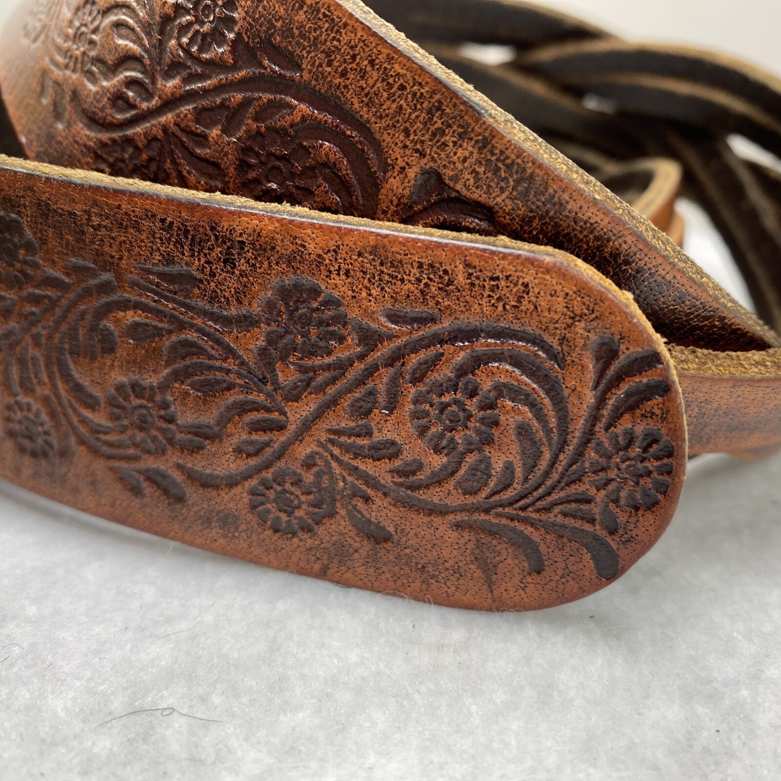 Leather Western Belt Braiding Tooling Detail ~ Brass Buckle Flowers ~40 Inches