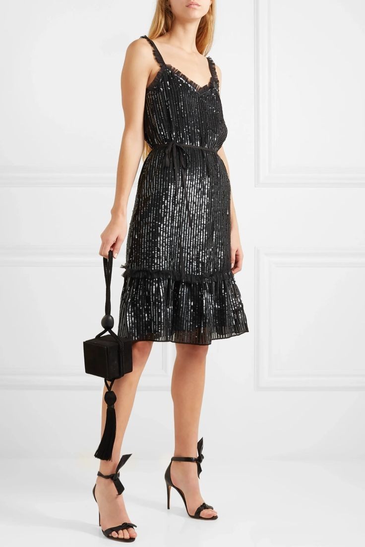 NWT NEEDLE & THREAD Sequined Tulle-Trimmed Chiffon Dress – M – Black