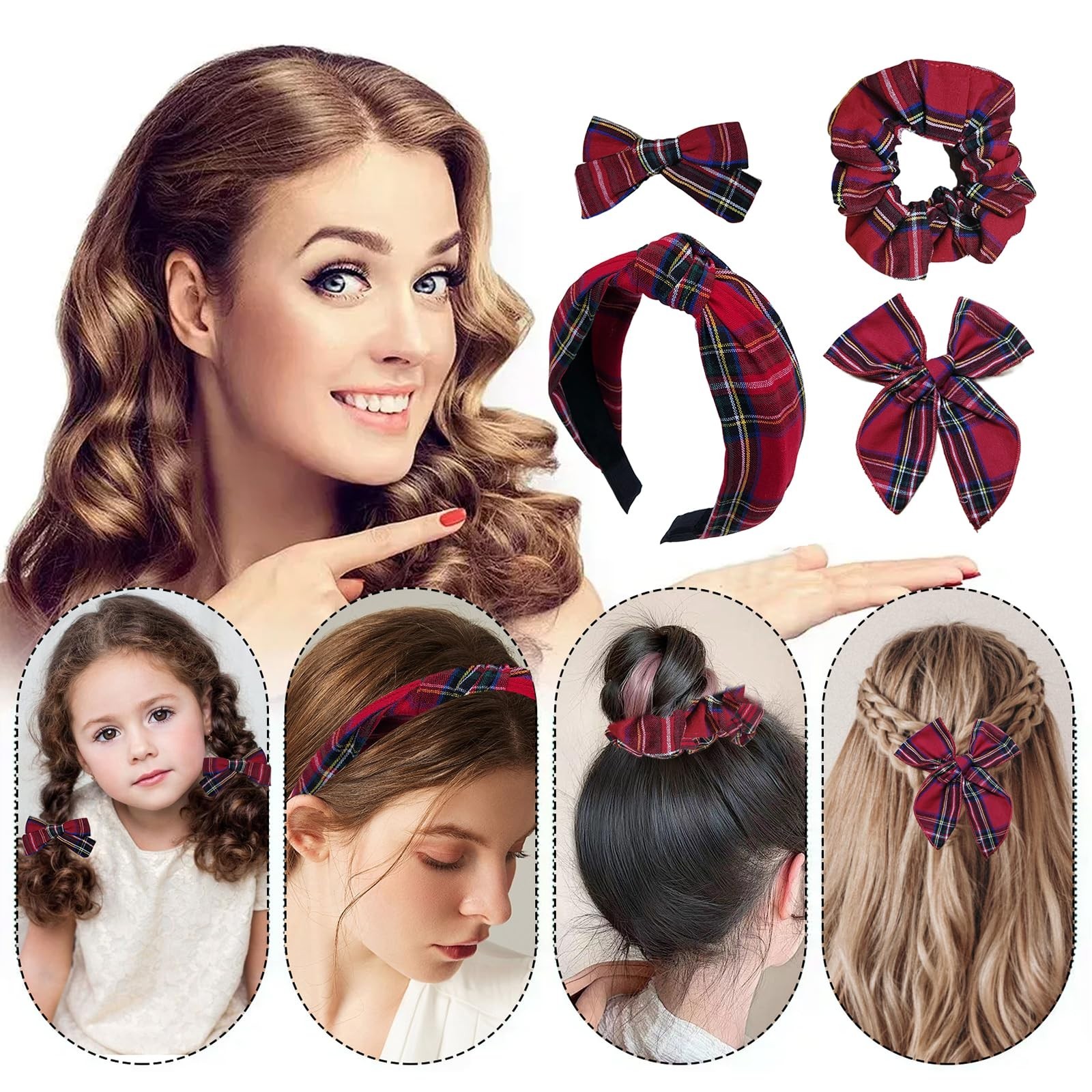 5 Pcs Plaid Headbands & Knotted Scrunchies Set, Holiday Hair Accessories for Wom