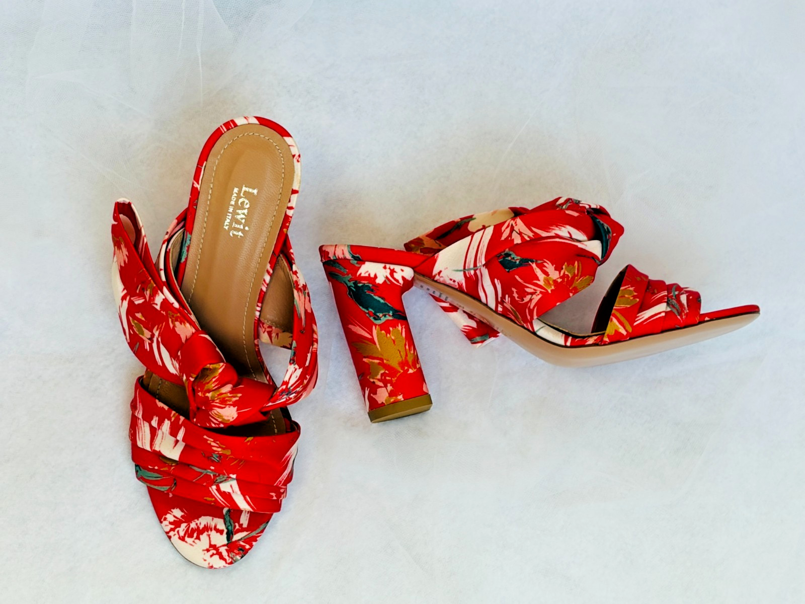 Lewit Rosa Floral Print Bow Mule Pumps Block Heel Red Satin -Size 6 (35 1/2)