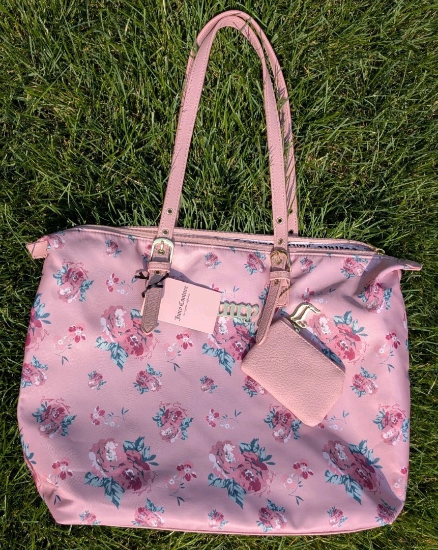 Juicy Couture Vintage Rose Blush Troop Beverly Hills Nylon Tote and Pouch New