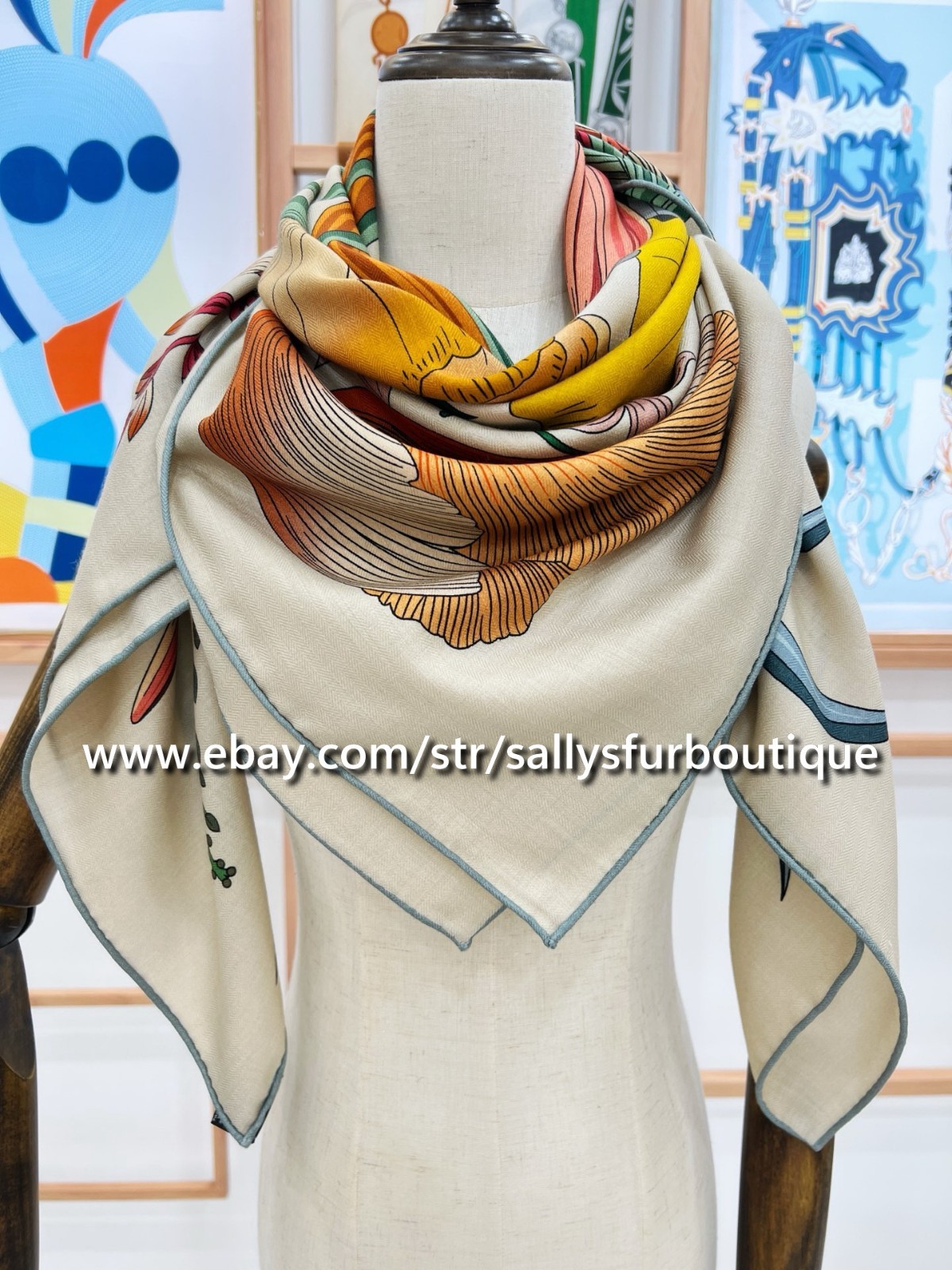 Sallys 70% Cashmere & 30% Silk Stole Flowers Print Double Face Scarf Shawl 53″