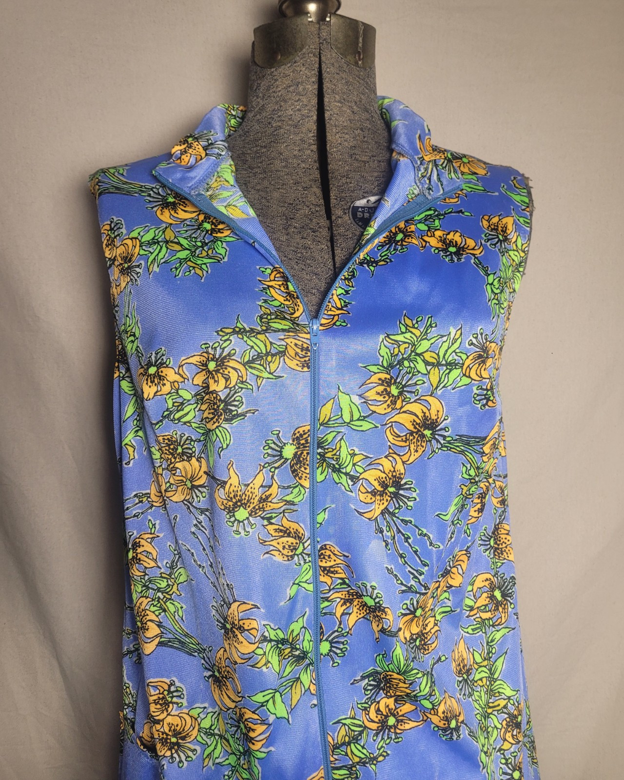 Vintage 60s 70s Blue Yellow Floral Maxi Leg Slits Sleeveless Size M Pocket Zip