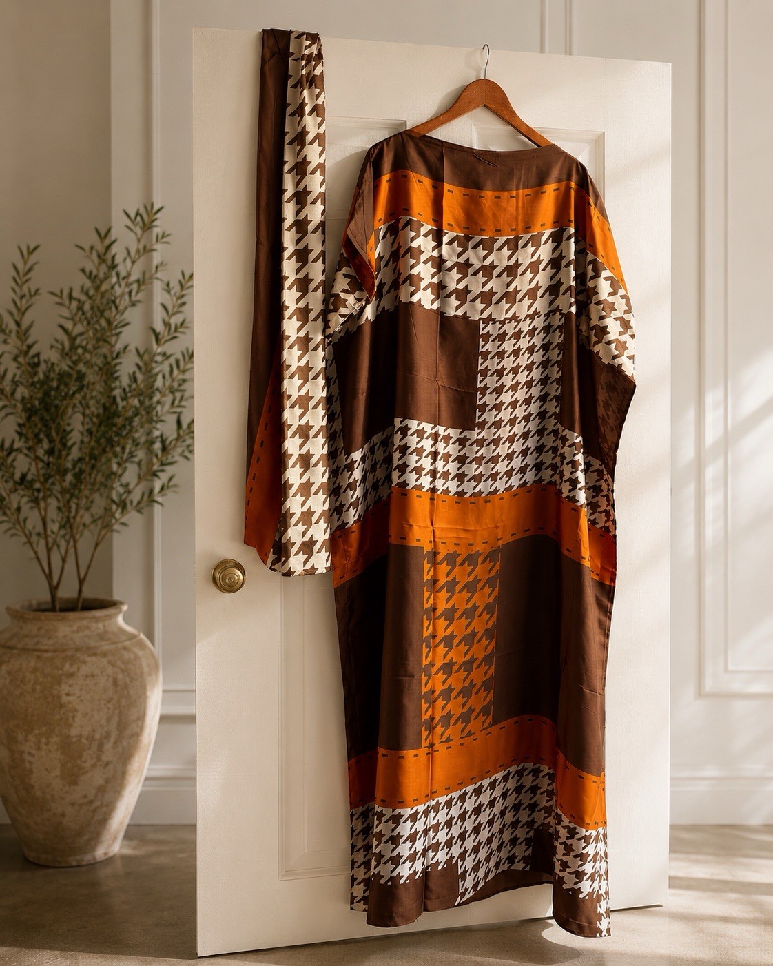 Long silky satin slip Kaftan Dress Geometric with scarf Boat Neck One Size