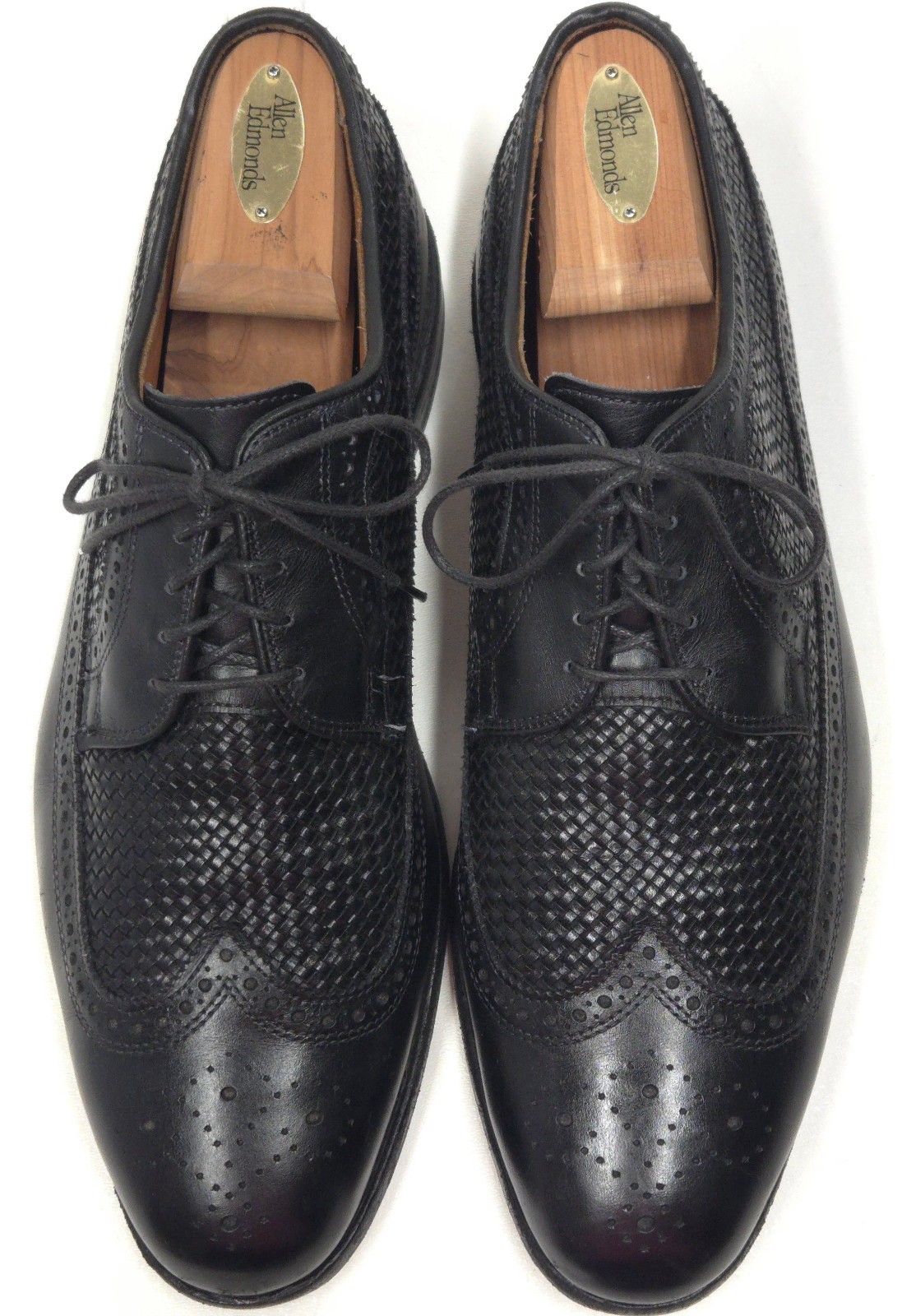 ALLEN EDMONDS Leiden Woven Wingtip Oxfords 11.5 E Black Basket Weave +shoe trees