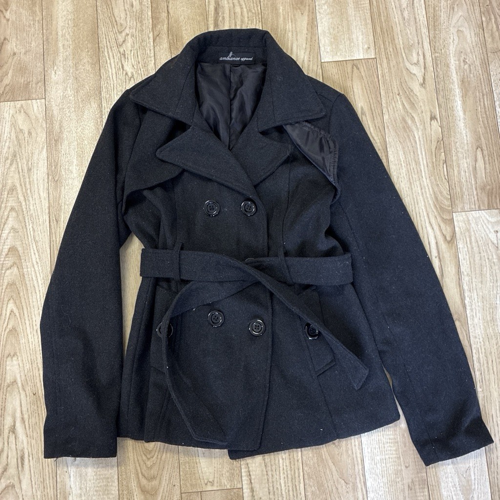 Ambiance Apparel Juniors S Black Pea Coat Belted Lined Short Button Closure