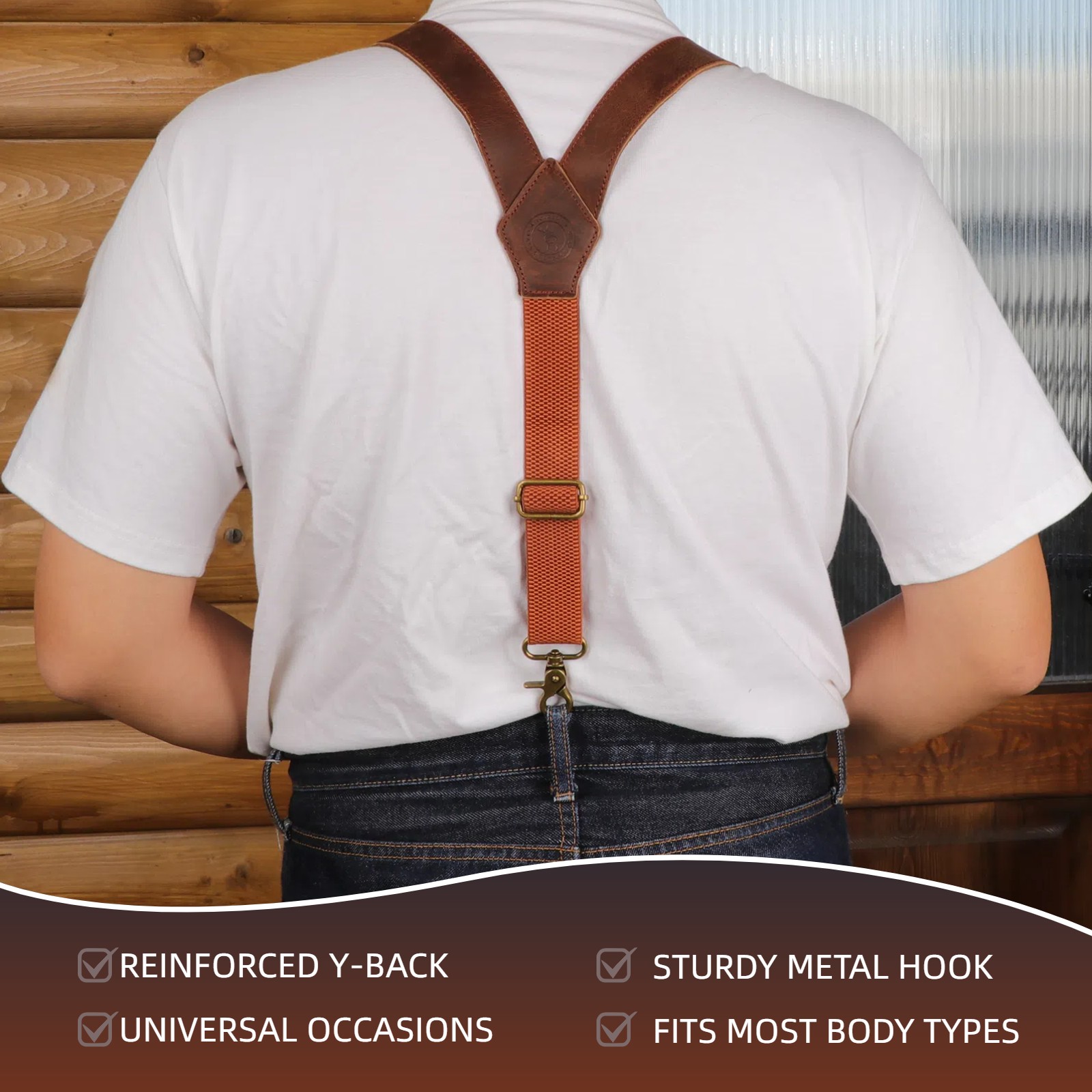 Tourbon Men’s Suspenders Y Back Adjustable Leather Y-Shaped 3 Hooks Pants Braces