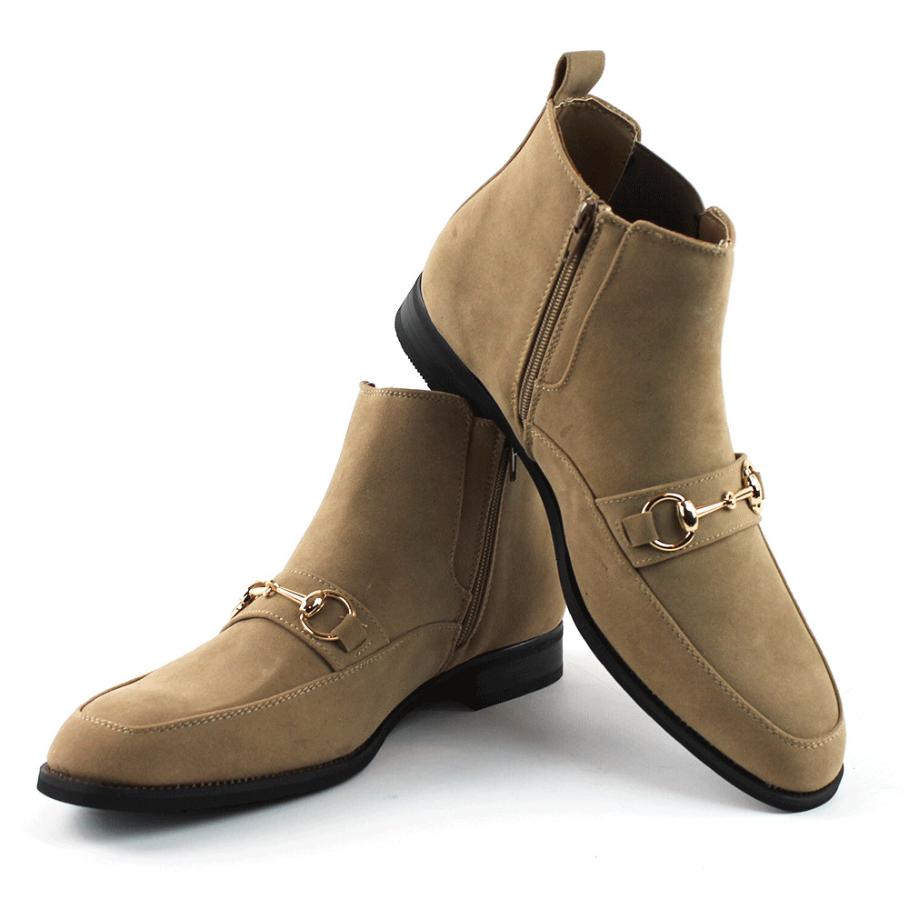Men’s Chelsea Ankle Boots Tan Suede With Gold Buckle Zipper Closure By AZAR MAN