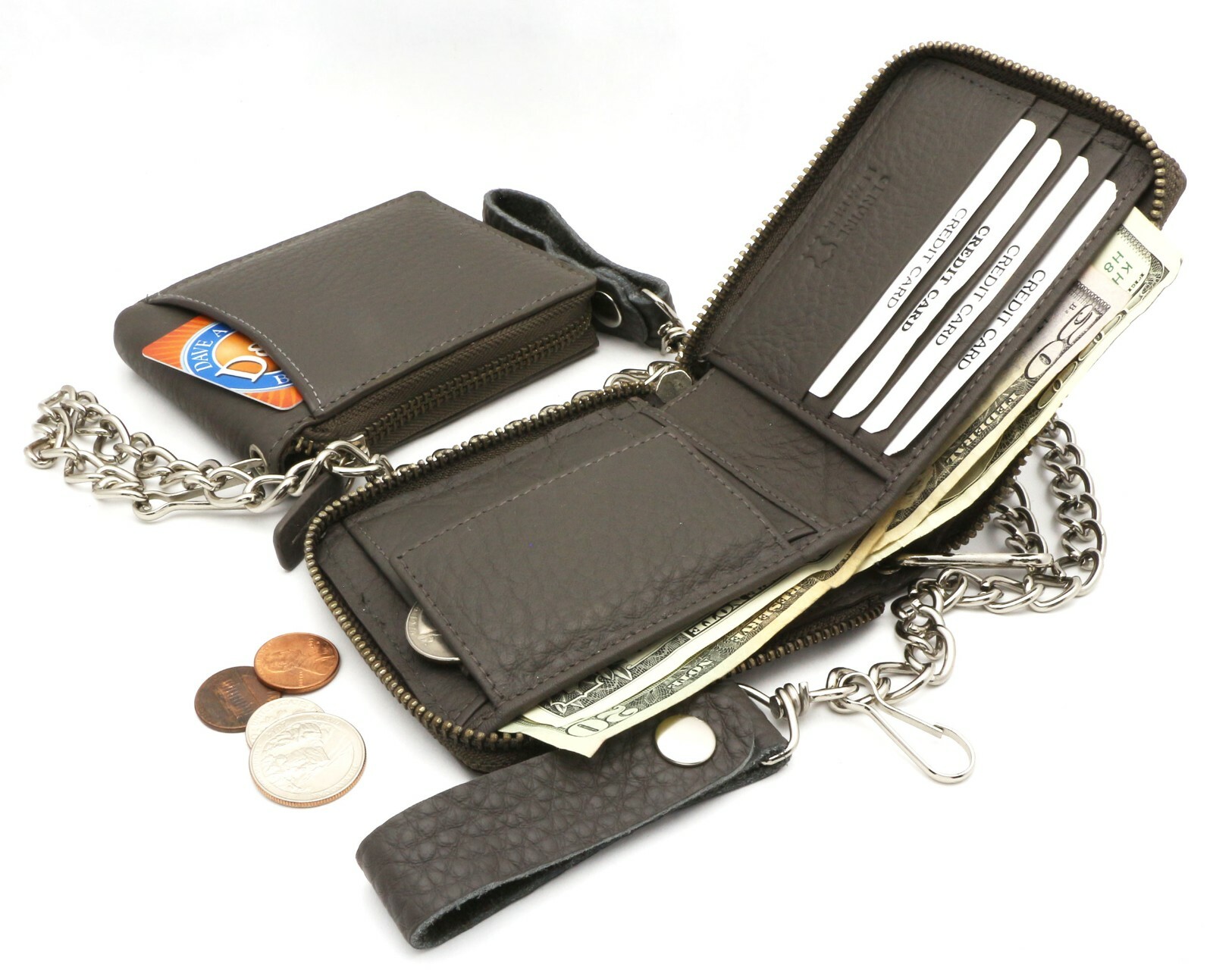 Bifold Gray Genuine Leather Scale Texture Zip-Around Wallet with a Chain