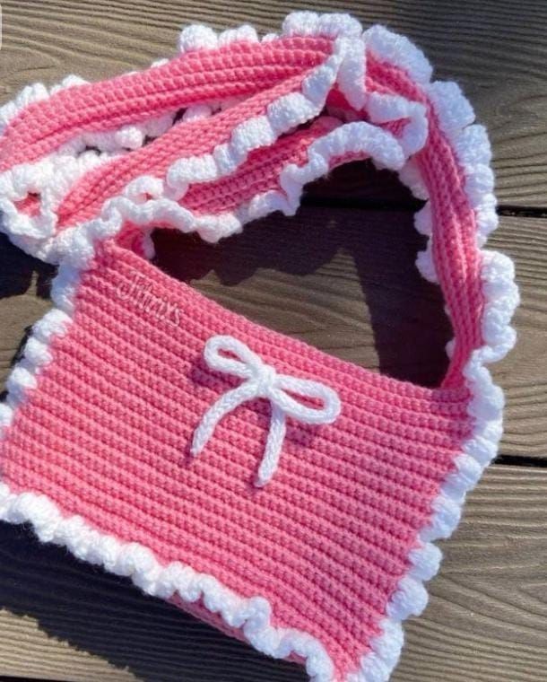 Handmade Crochet Ruffle Bag Cute Bow Purse Aesthetic Shoulder Tote Bag