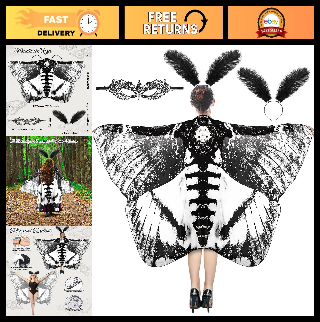 3 Pcs Moth Wings Cape Set for Adults – Halloween Costume with Headband & Lace Ma