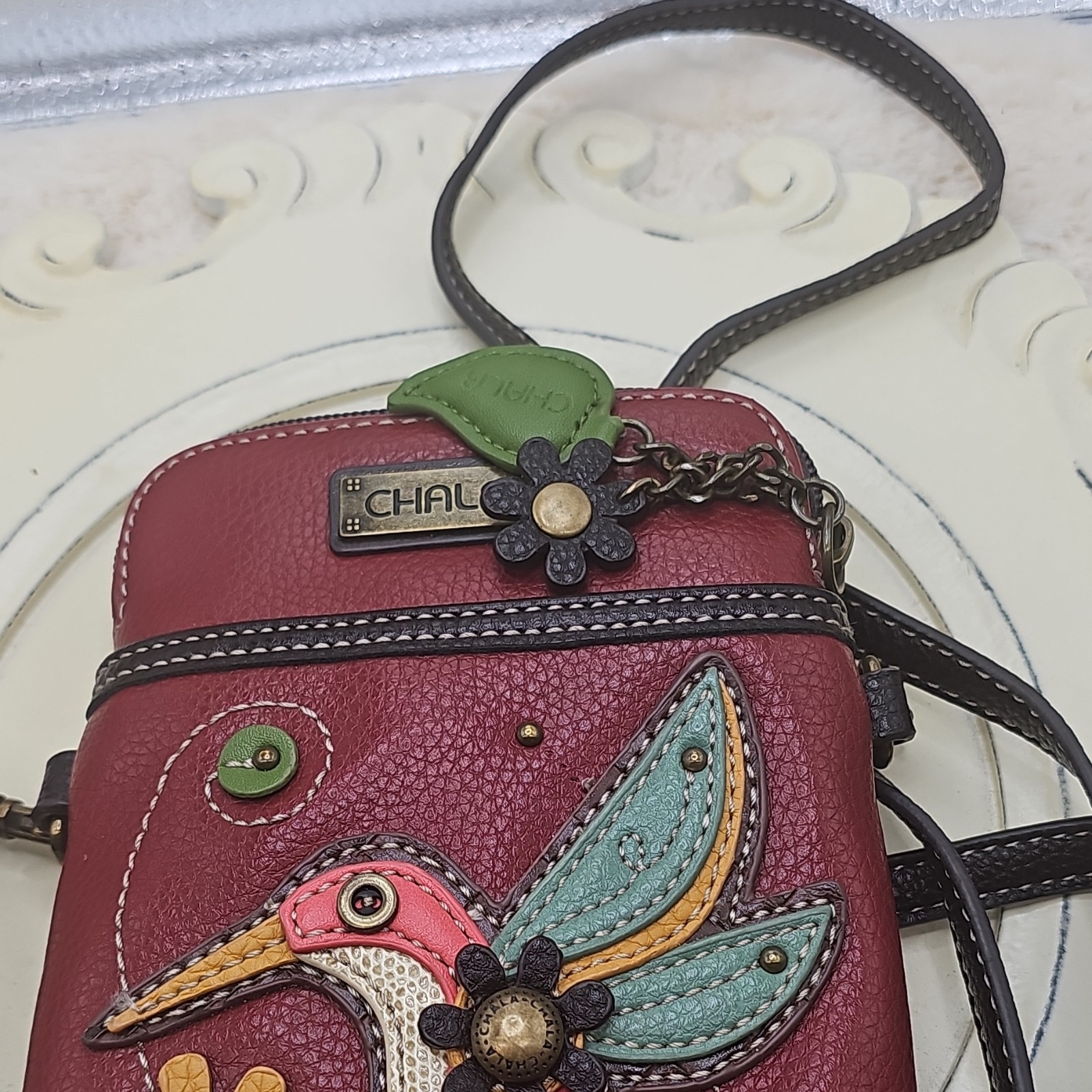 Chala Burgundy Bird Crossbody Bag Small Zip Closure Flower Charm