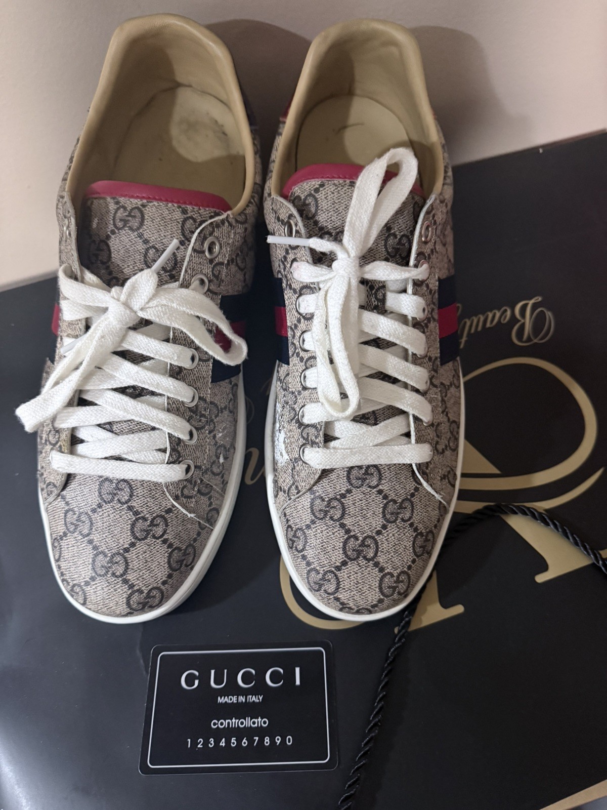 Gucci GG Supreme Monogram Canvas Sneakers with Red and Blue Sz EU 44 US 10.5-11