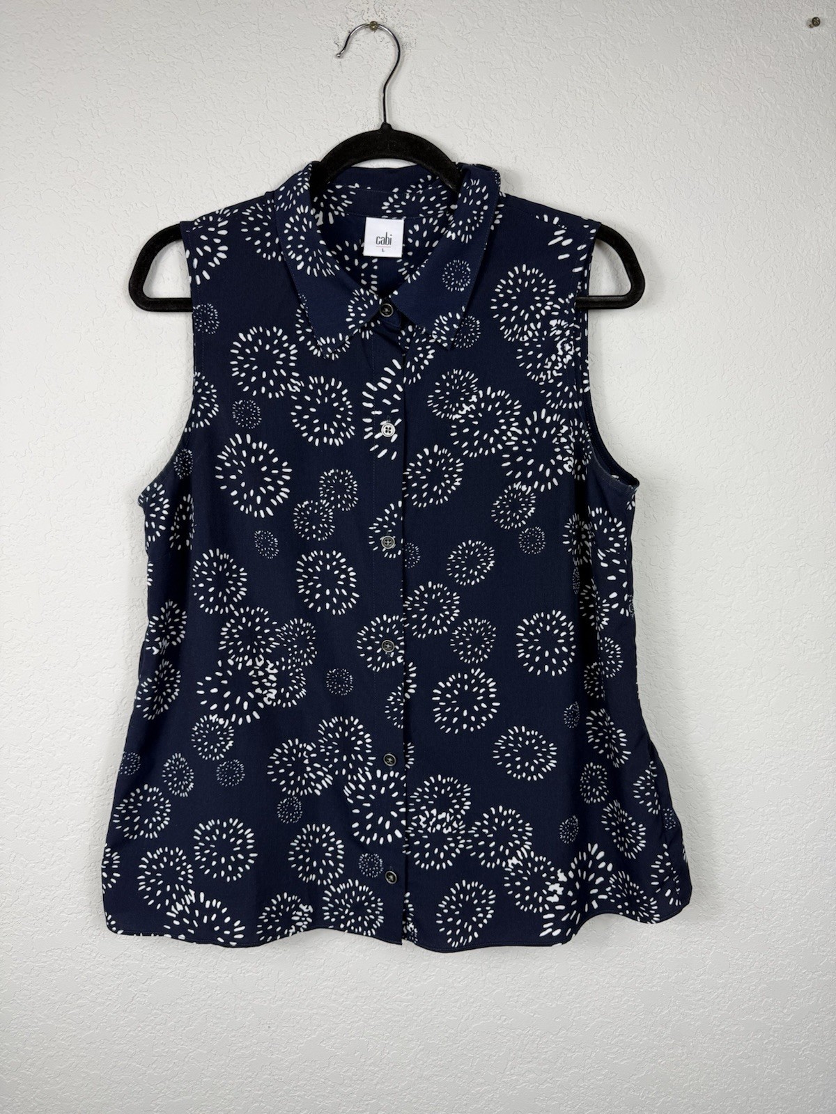 Cabi Dandelion Wish Top Navy Blue Print Sleeveless Peplum USA Shabby Chic L