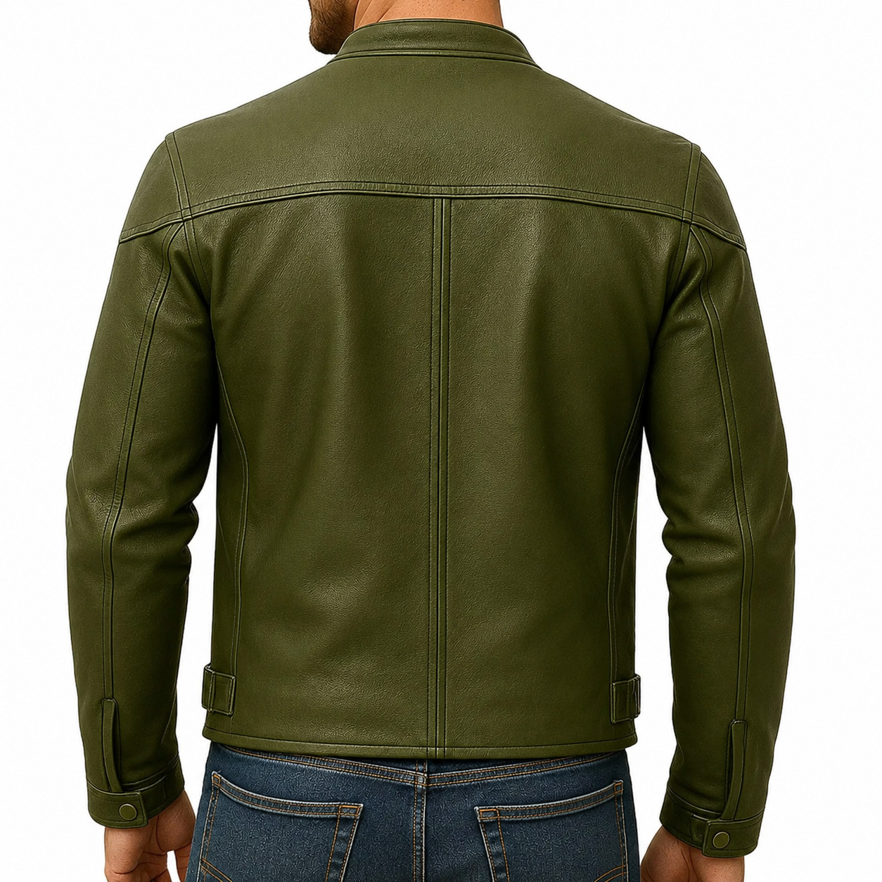 Men’s Genuine Leather Moto Jacket, Green Cafe Racer Slim Fit Biker Coat