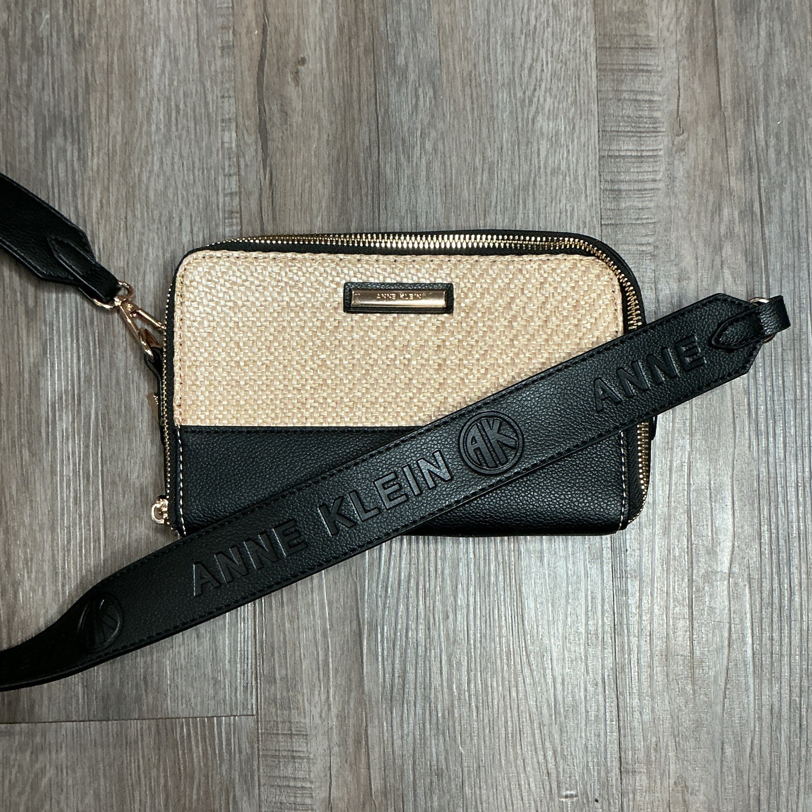 Anne Klein Woven Black/Beige Crossbody Bag Double Zip, Detachable Strap
