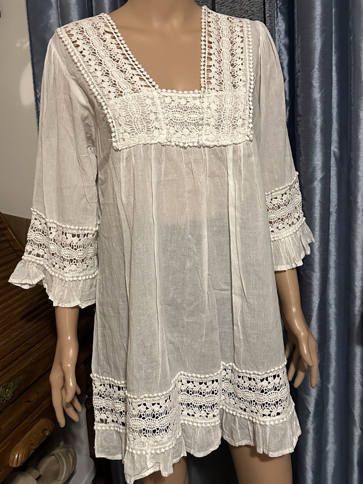 Woman Tunic Cover Up Top 3/4 Sleeve Semi Sheer White Size M By Cute Options