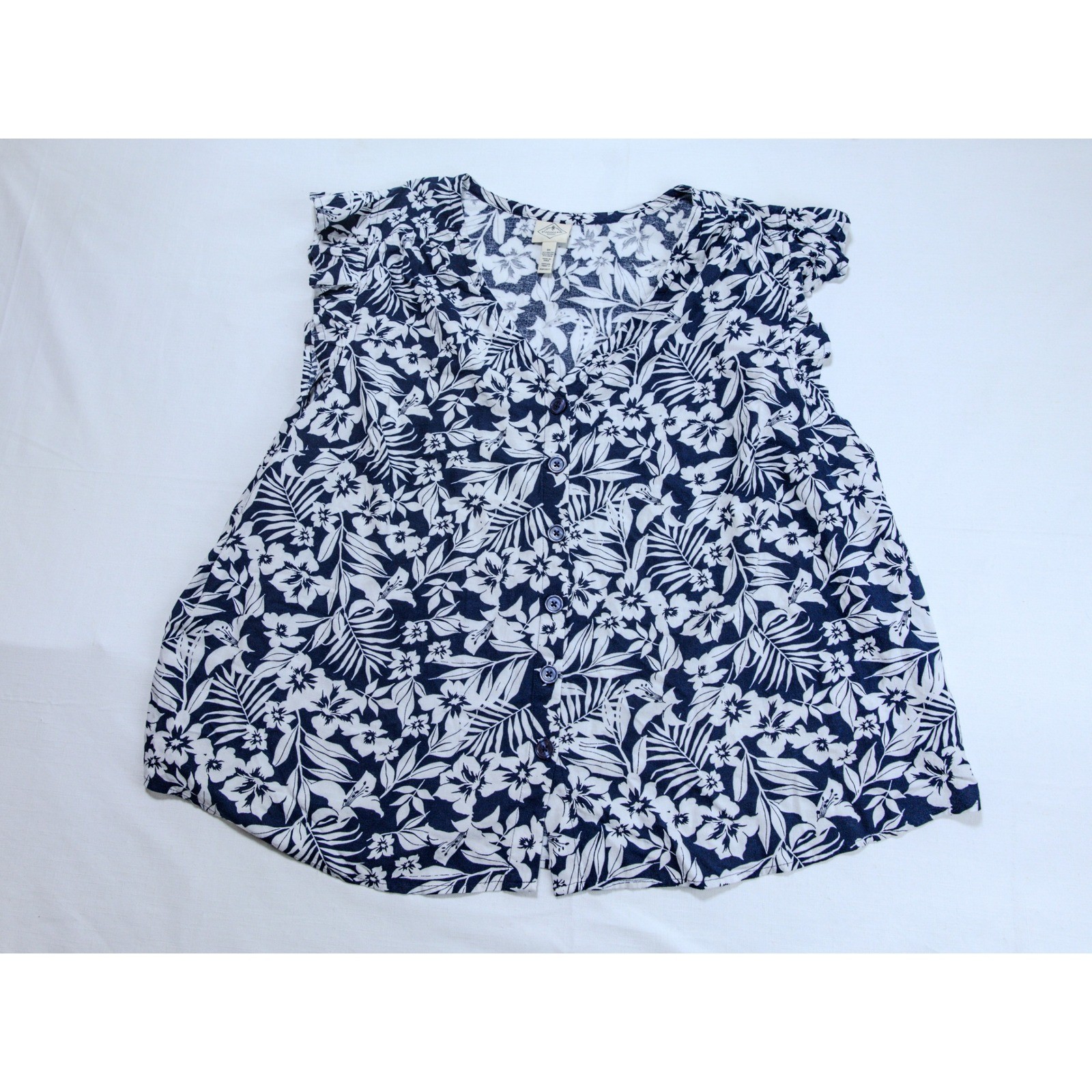 St Johns Bay Navy Blue White Tropical Floral Linen Blend Ruffle Top 3X 70807-3
