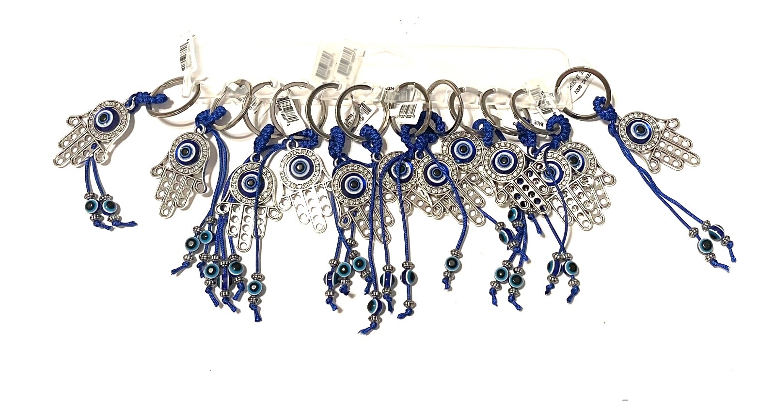 Wholesale Lot of 12 Hamsa hand design blue eye keychains round crystal accents