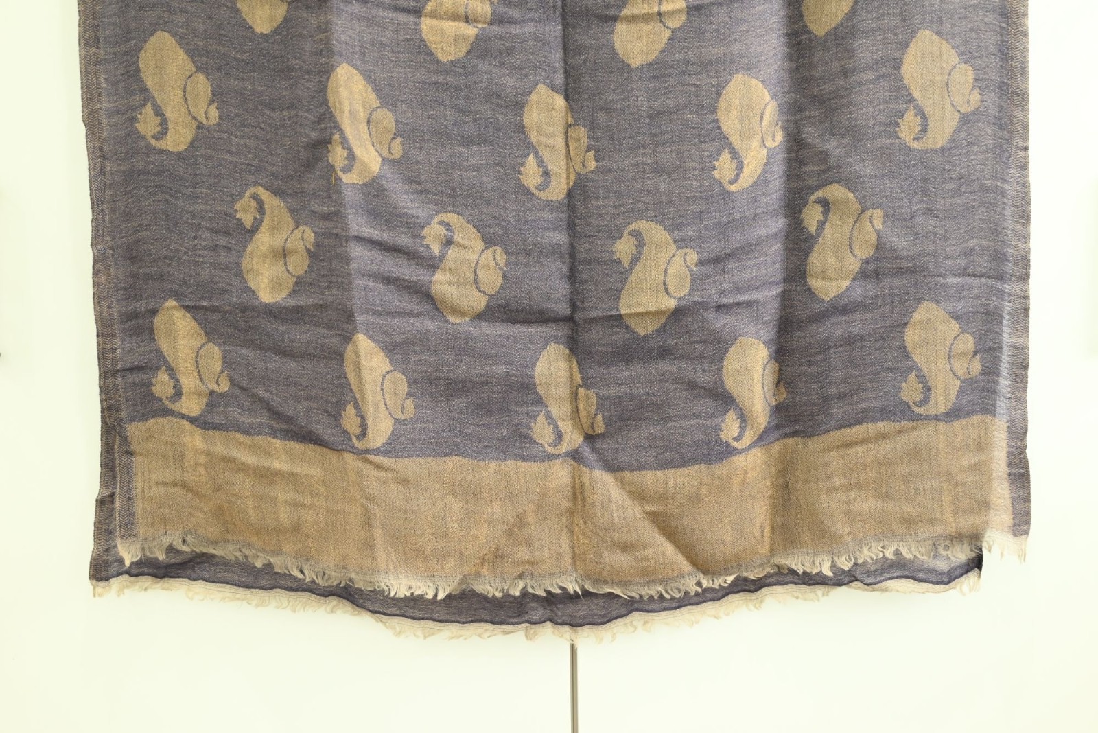 100% Pashmina Stole Beige Blue Paisley Print Lightweight Wrap Shawl Soft Fringe