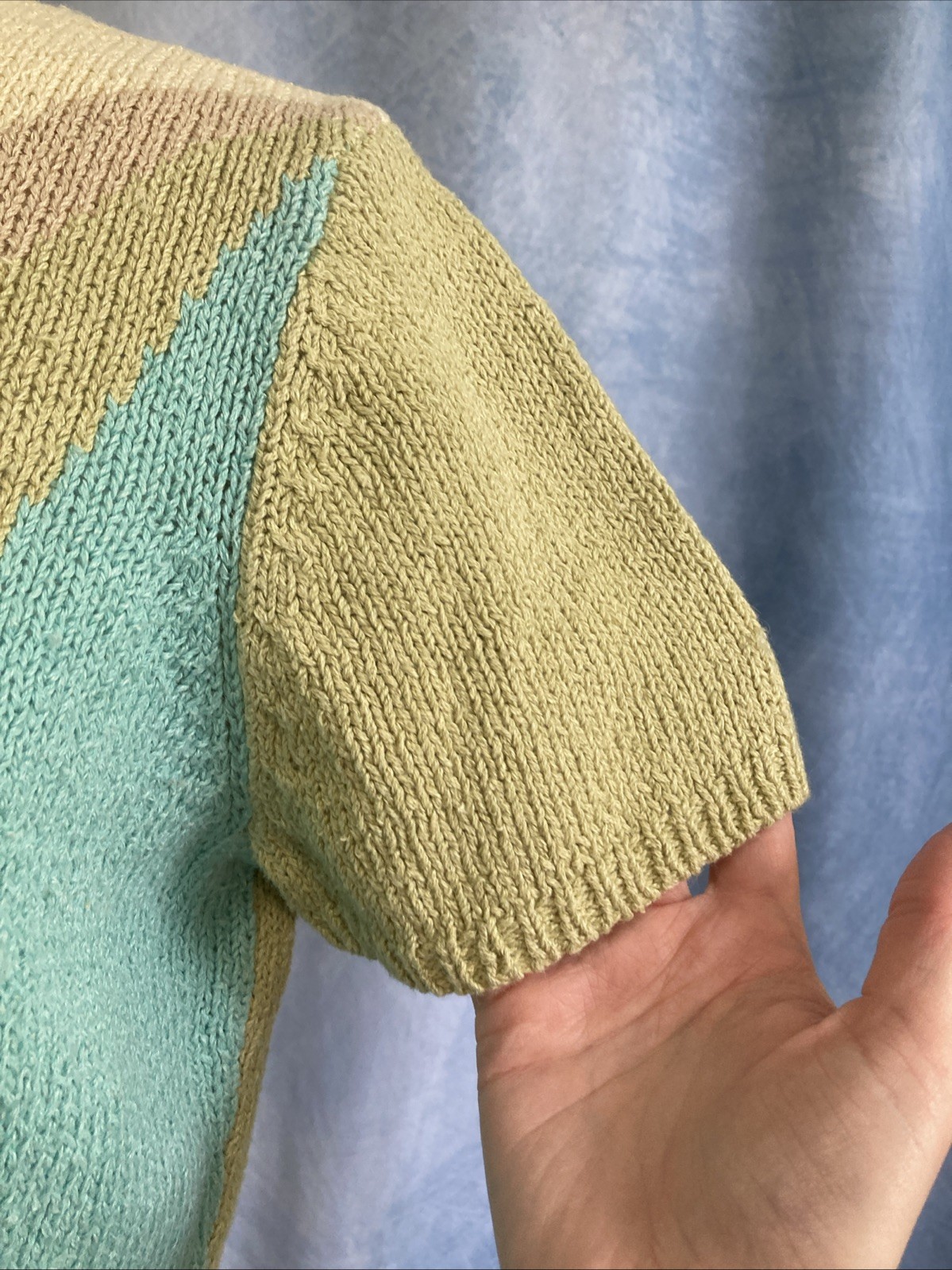 Vtg 90s Requirements Pastel Color Block Knit Short Sleeve Sweater Top Ramie Boxy