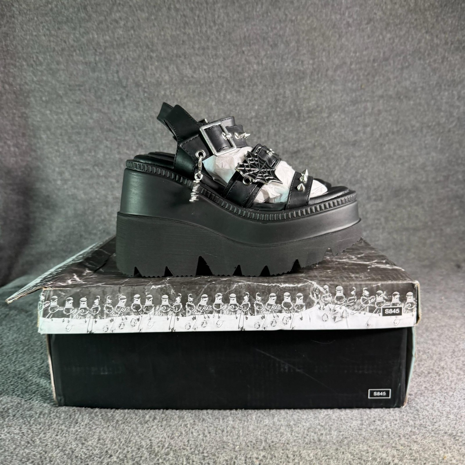 Demonia Shaker-13 Sandals Shoes Womens Size 5 Black Vegan Wedge Platform Spikes