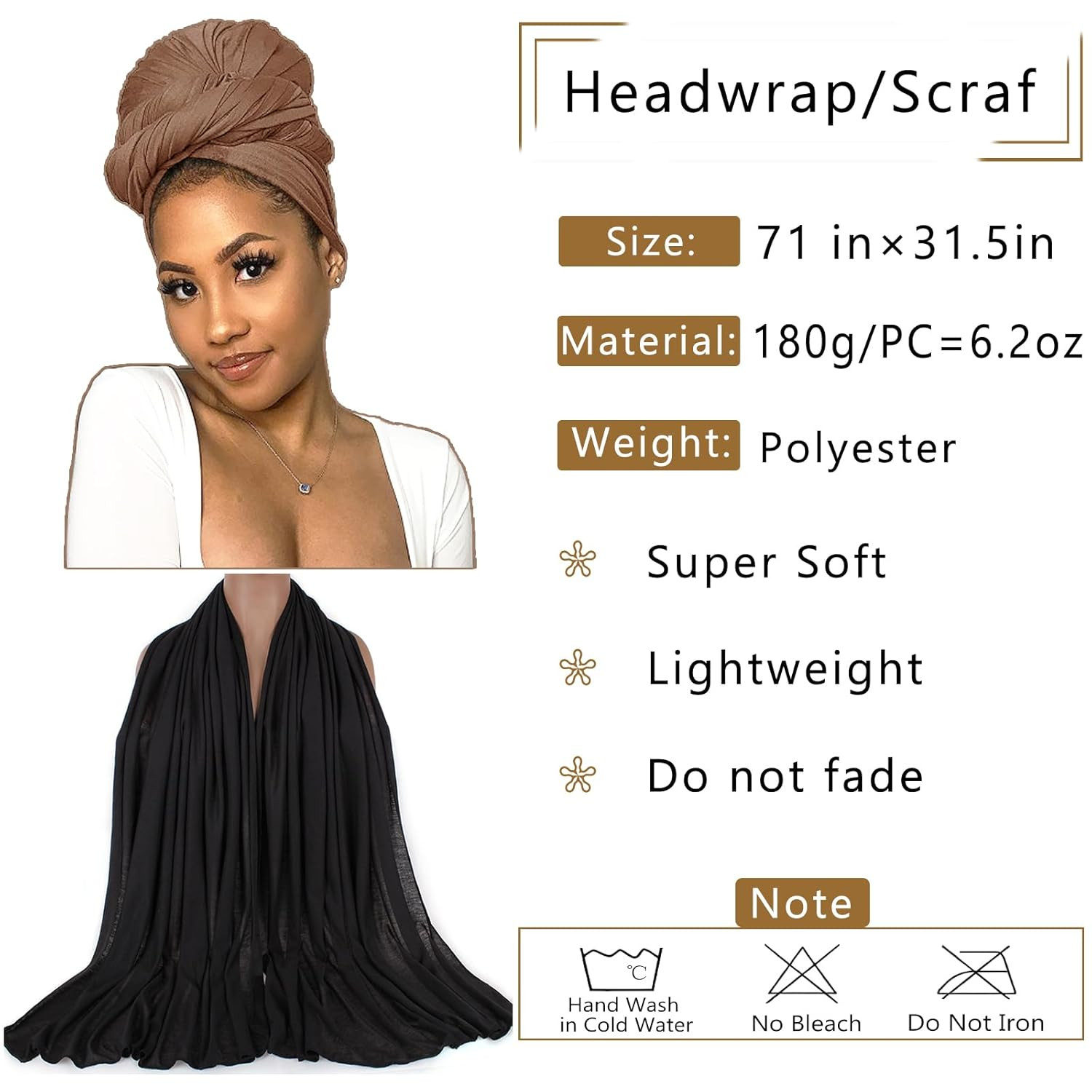 2 Piece Solid Color Stretch Jersey Head Wrap Long Scarf Long African Hair Wraps