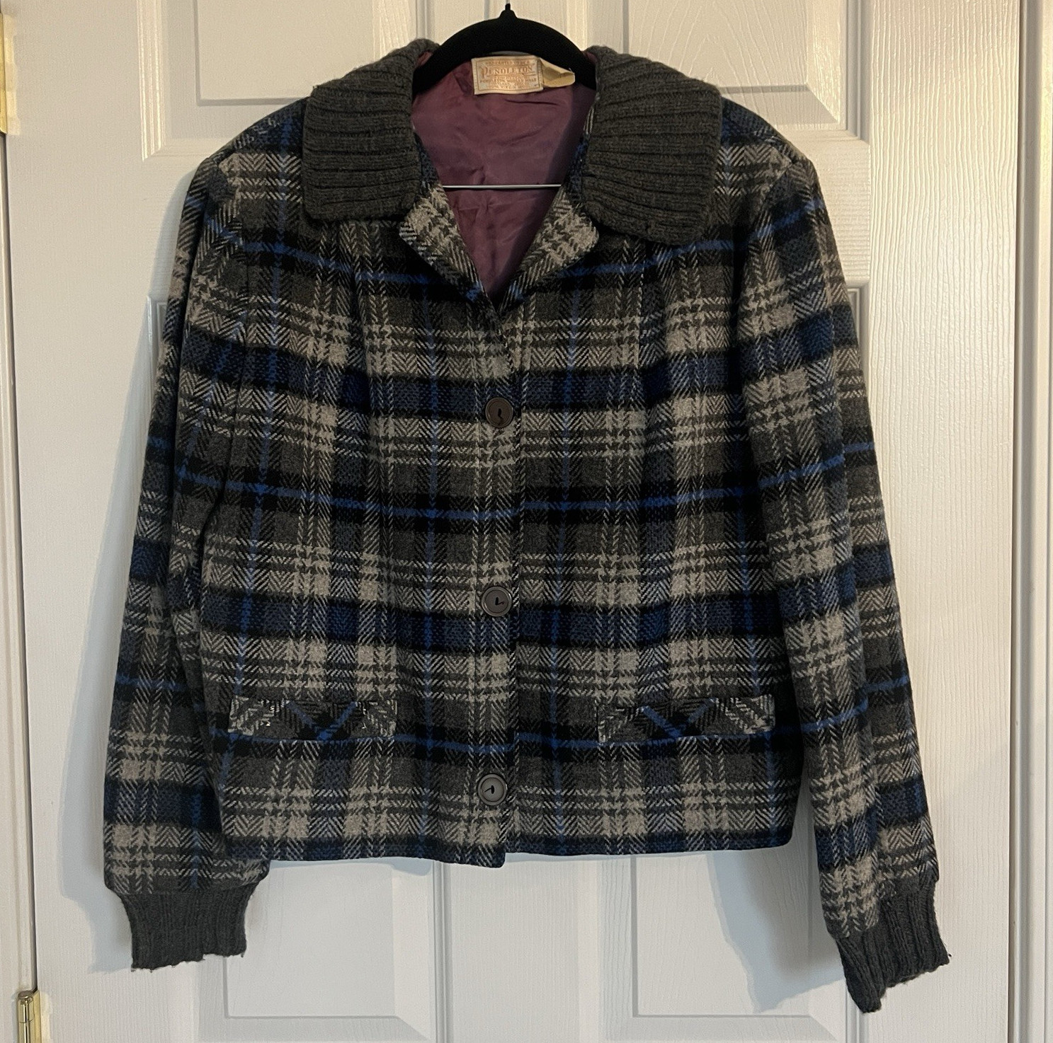 Pendleton Women’s Plaid Wool Button Front Short Jacket Lined Pockets Size 14