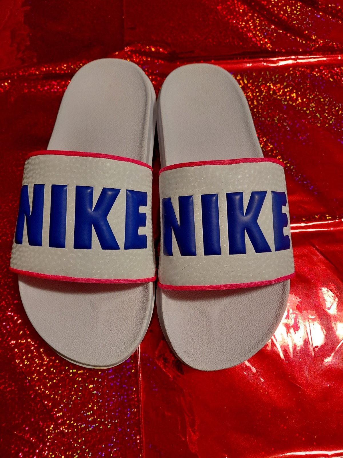Nike Slide Sandals White/Pink/Blue Slip-On Unisex Adults US 8 Logo BQ4632-102