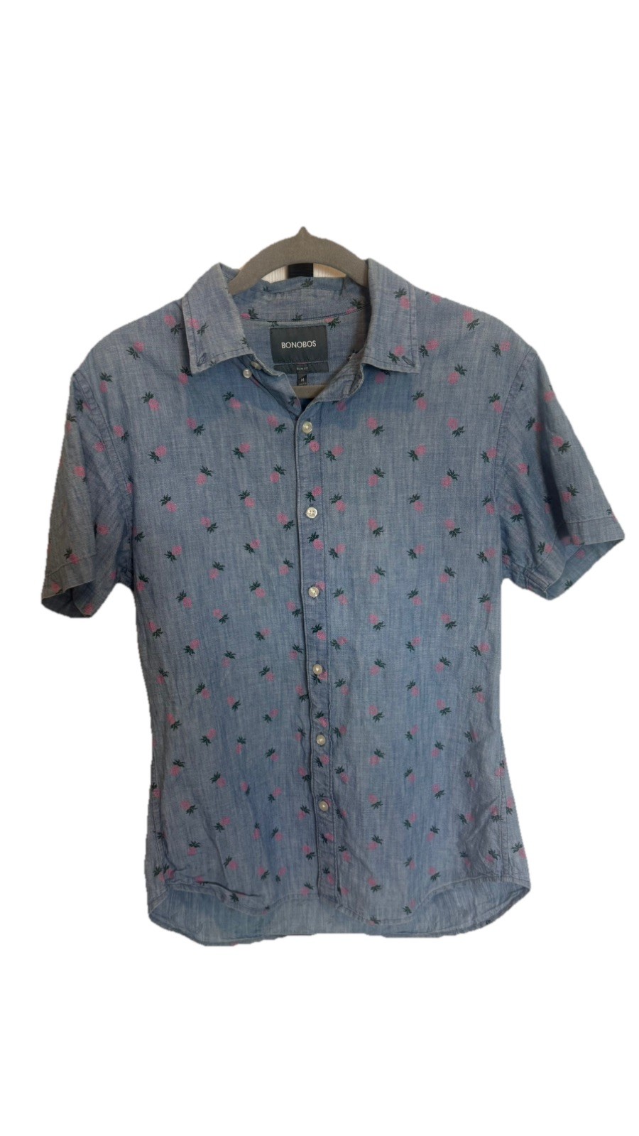 Bonobos Slim Fit Men’s Medium Blue Pink Pineapple Short Sleeve Button Up Shirt